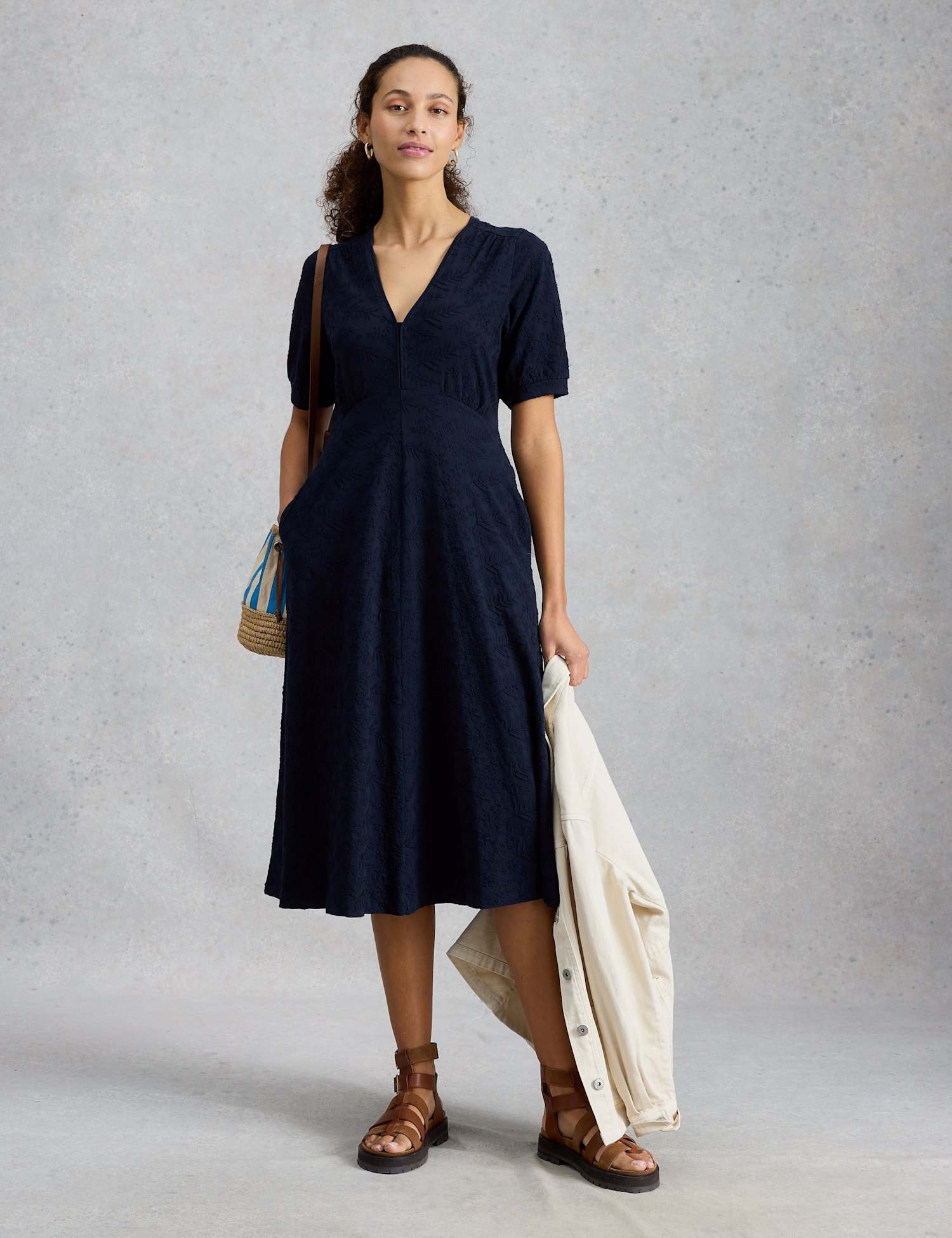 White Stuff Megan Pure Cotton Jersey Embroidered Midi Dress Blue