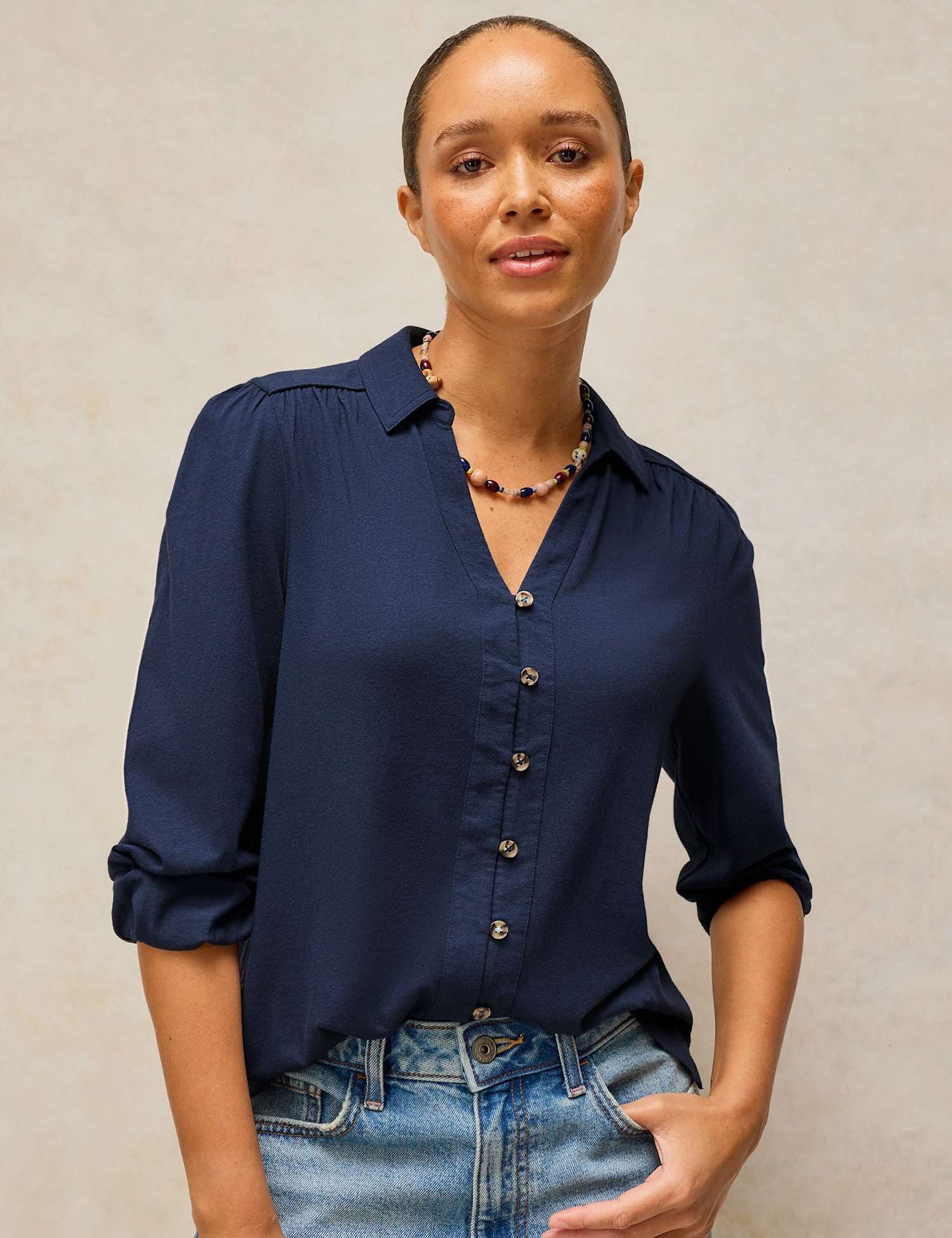 White Stuff Ronley Cotton Rich Collared Shirt with Modal Dark Navy