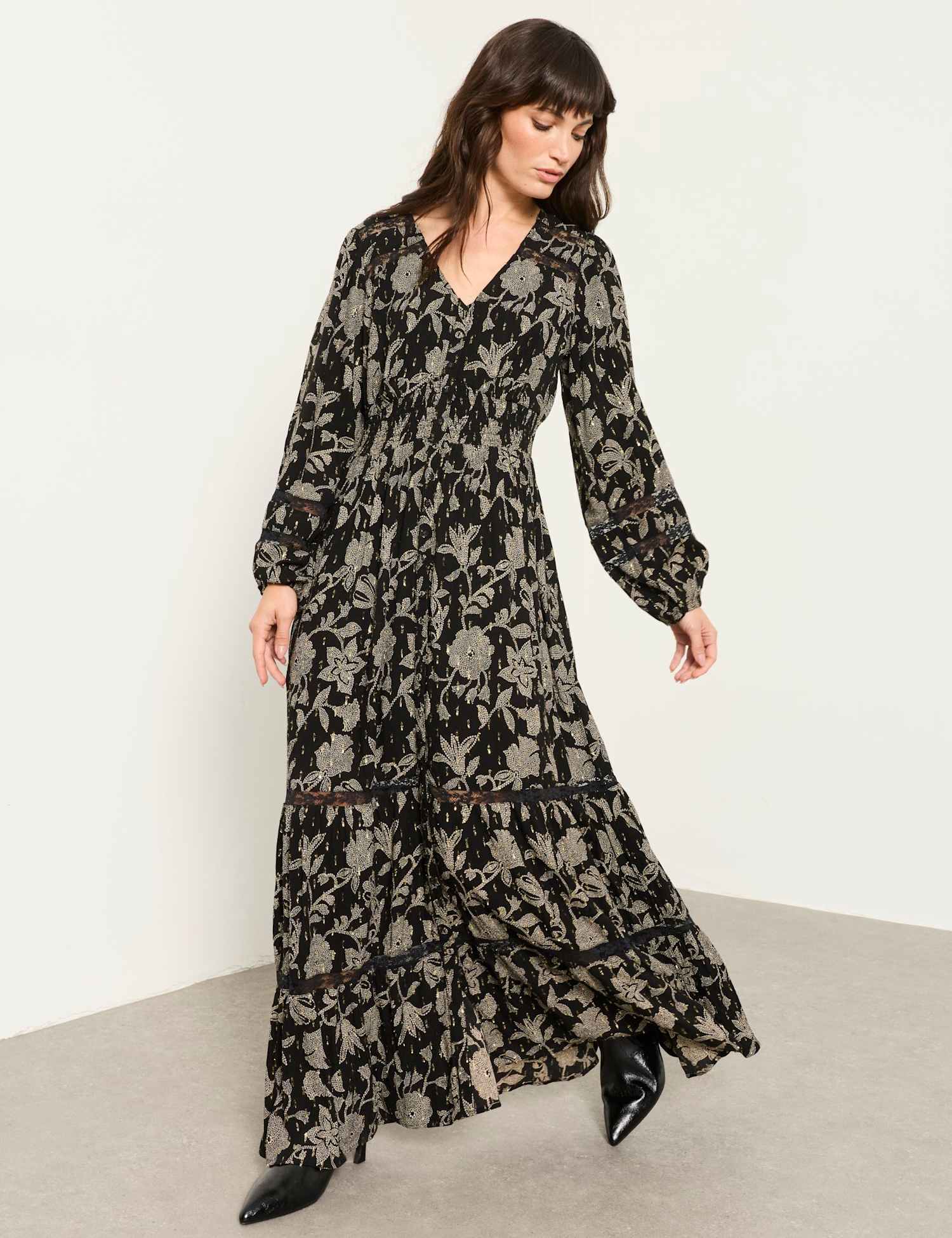 FatFace Jacquard Floral V-Neck Maxi Waisted Dress Black Mix