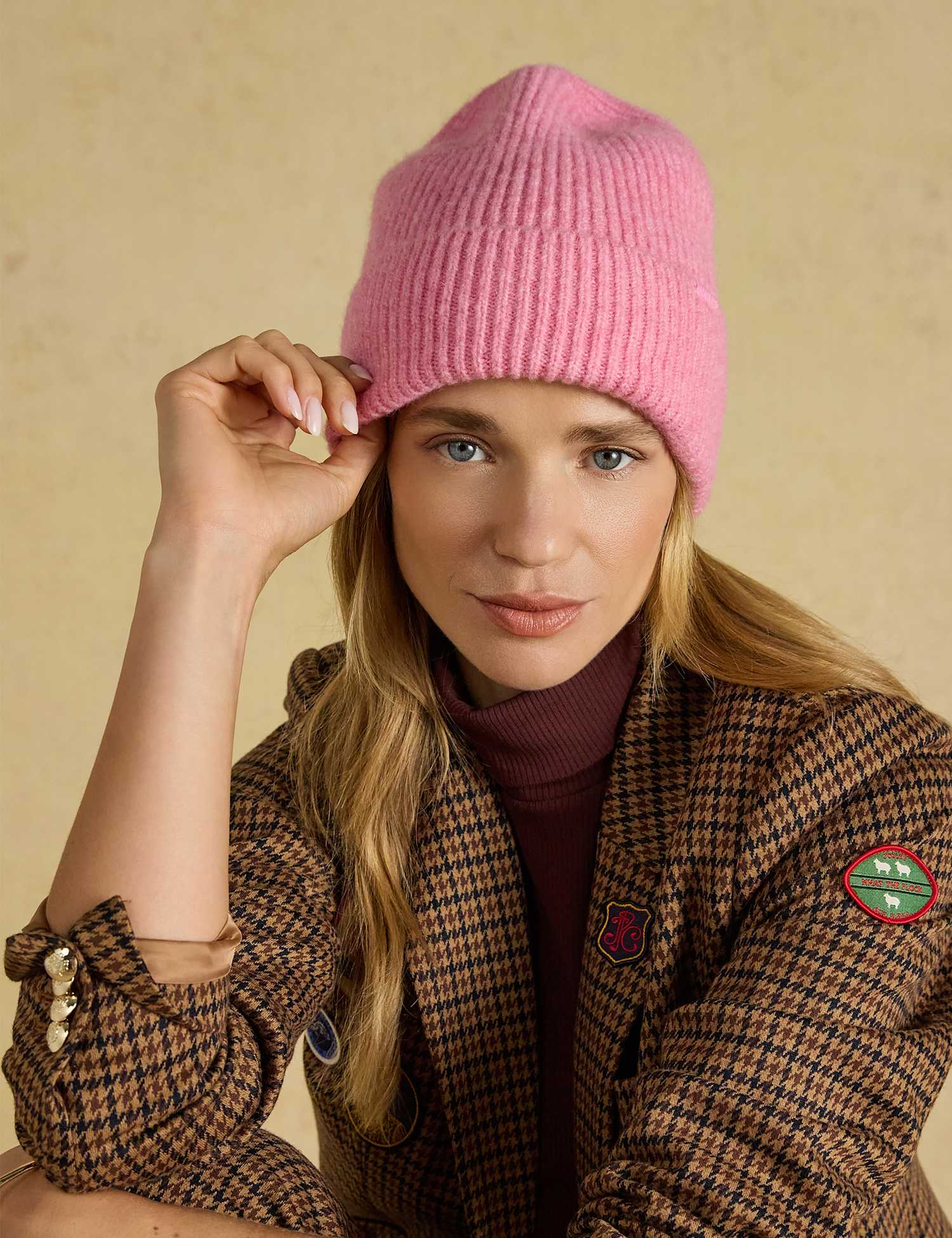 Joules Knitted Textured Beanie Hat Pink