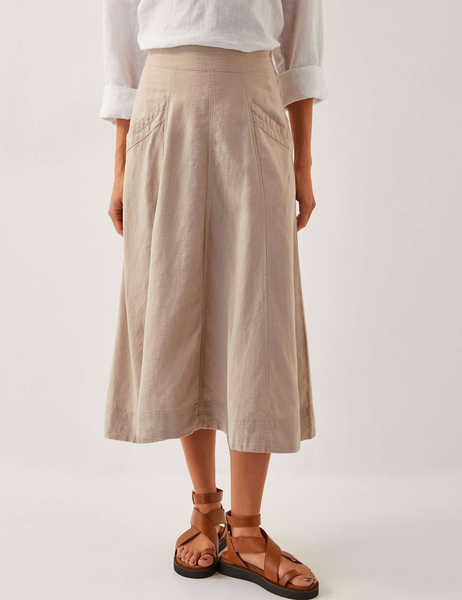 Monsoon Linen Rich Midi A-Line Skirt Natural