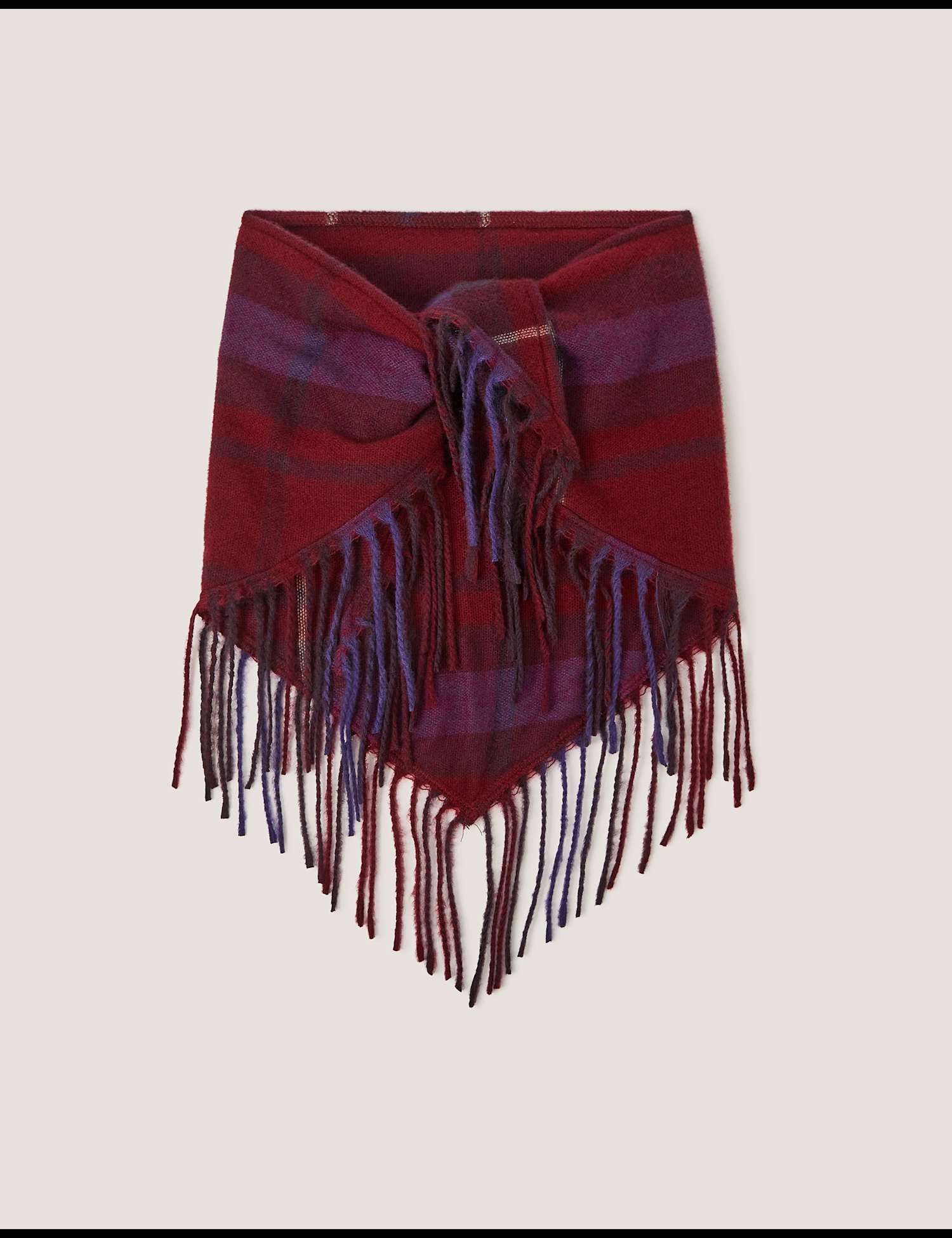 Monsoon Checked Triangle Fringed Triangle Scarf Burgundy Mix