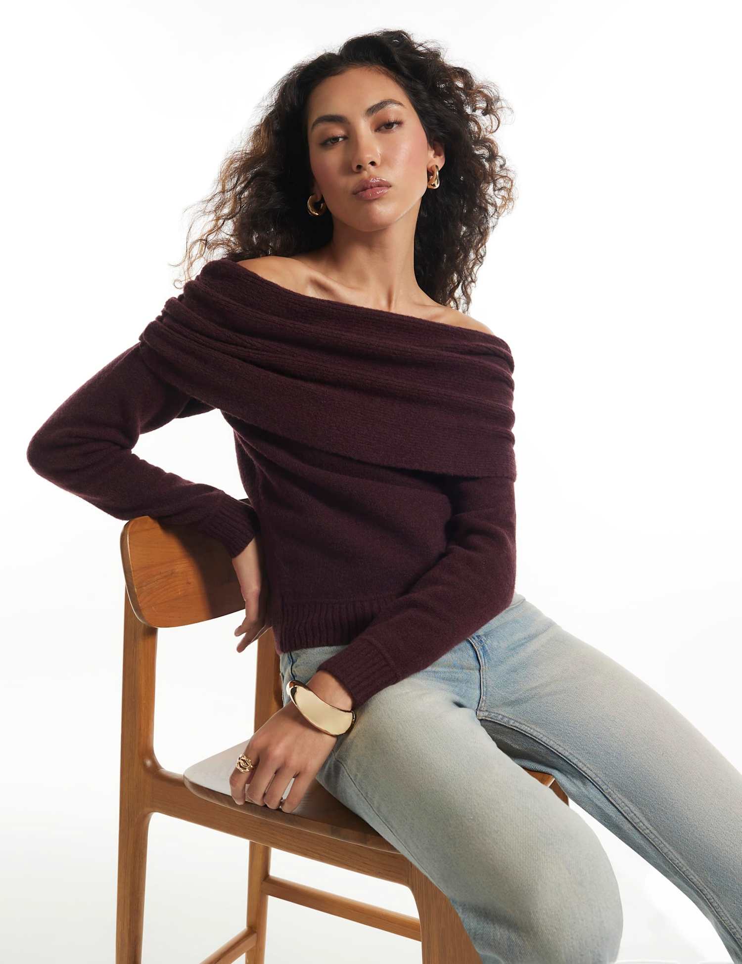 River Island Gathered Shoulder Bardot Jumper with Wool Burgundy