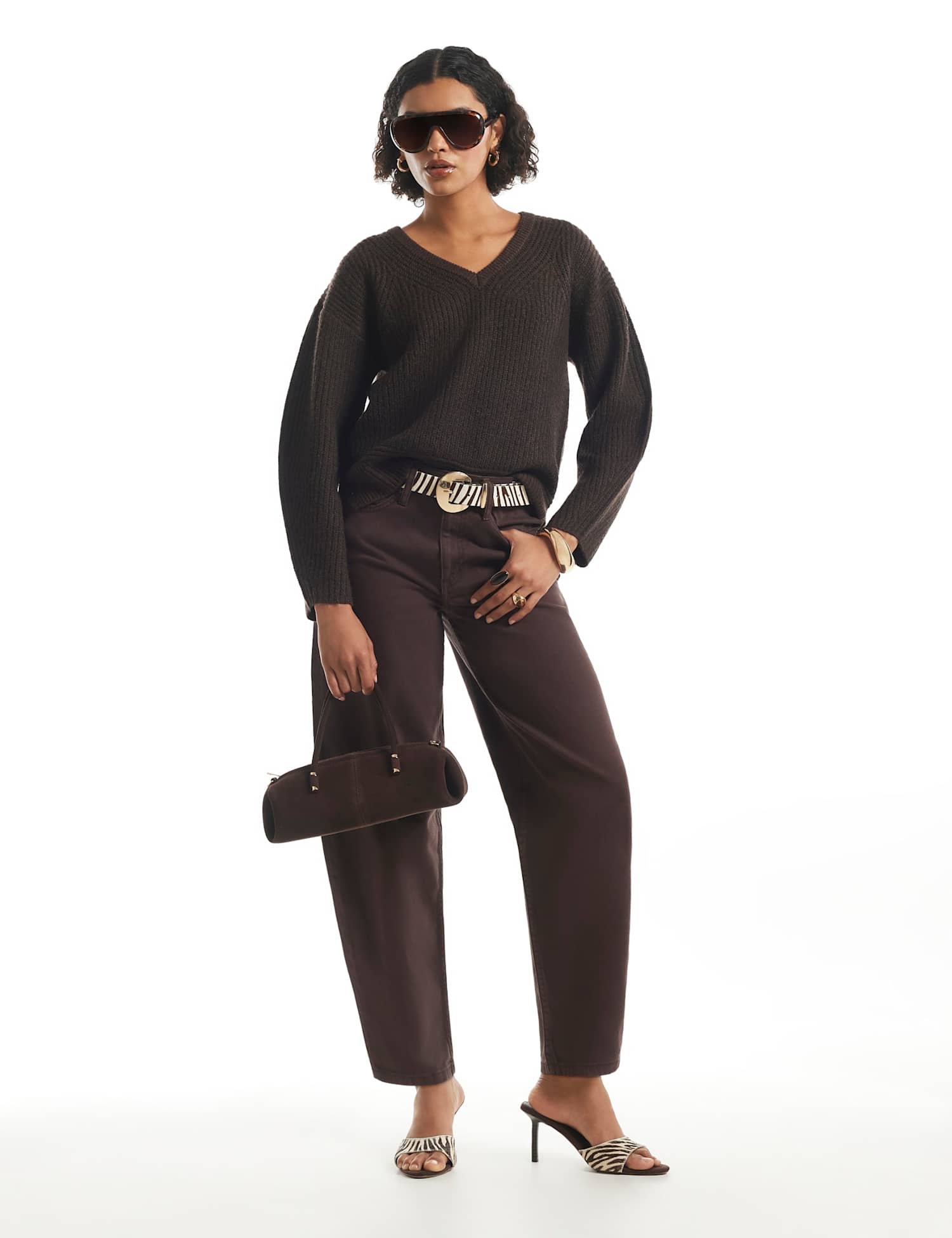 River Island Ribbed V Neck Jumper Dark Brown