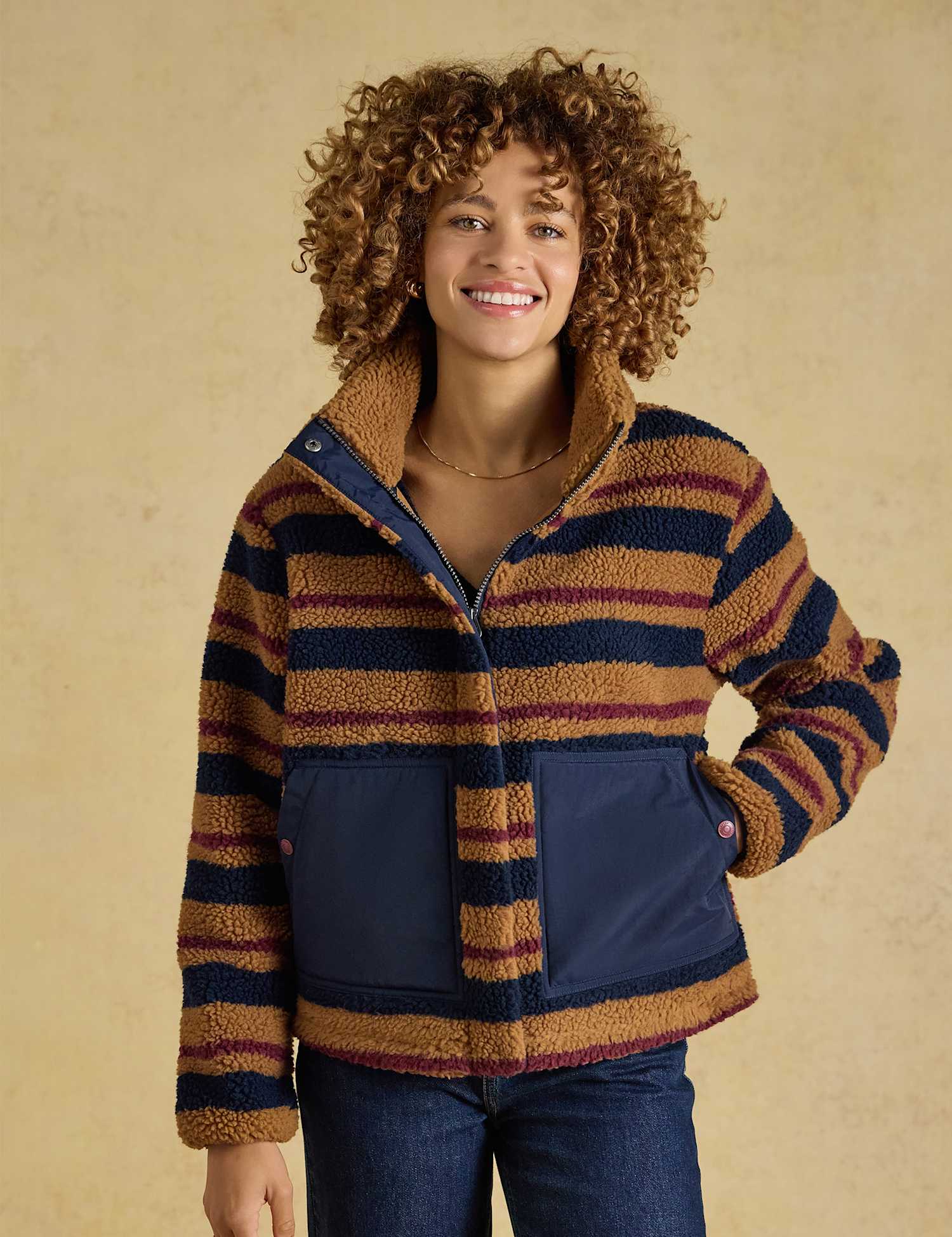 Joules Borg Striped Funnel Neck Jacket Brown Mix