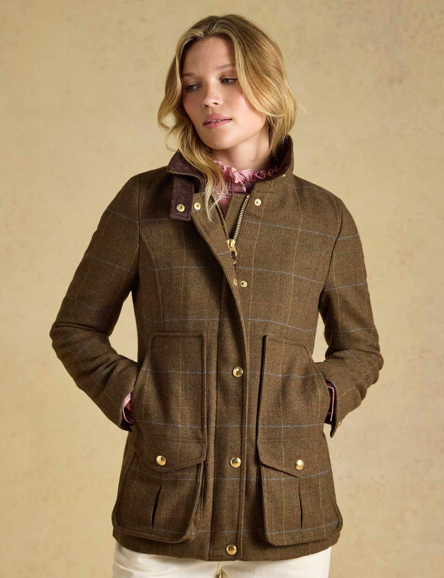 Joules Wool Blend Tweed Checked Field Coat Green Mix