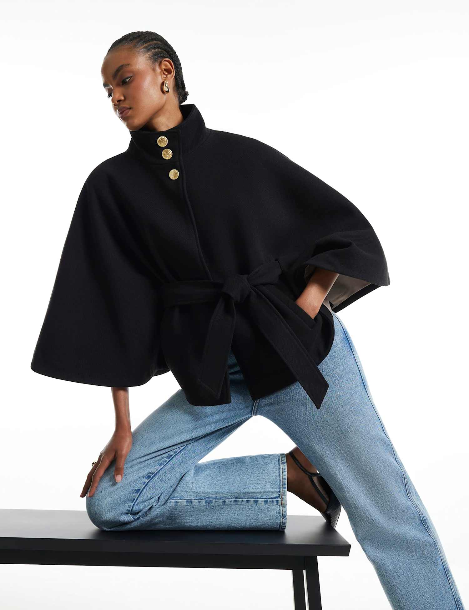 River Island Belted Funnel Neck Coat Black