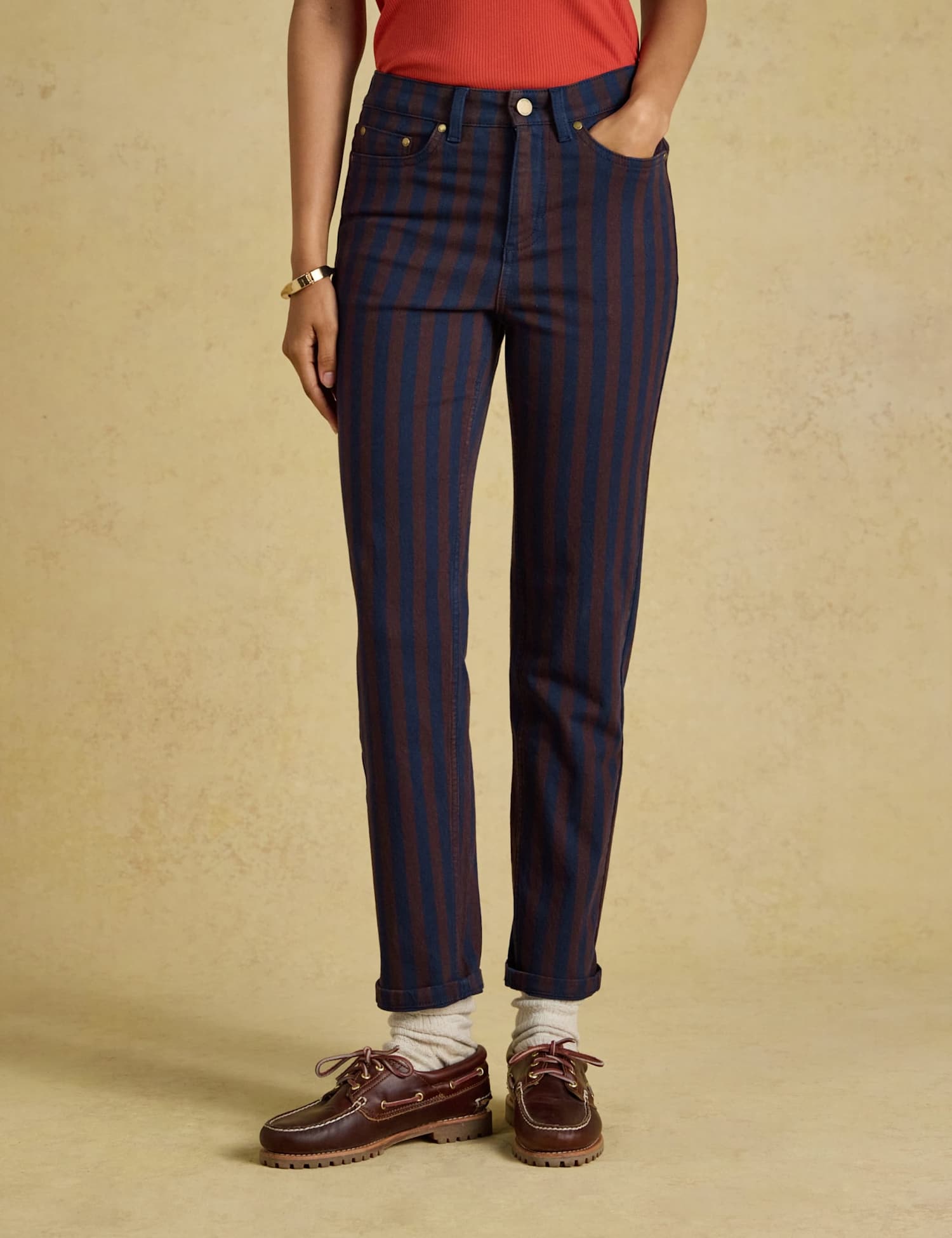 Joules Mid Rise Striped Straight Leg Jeans Brown Mix