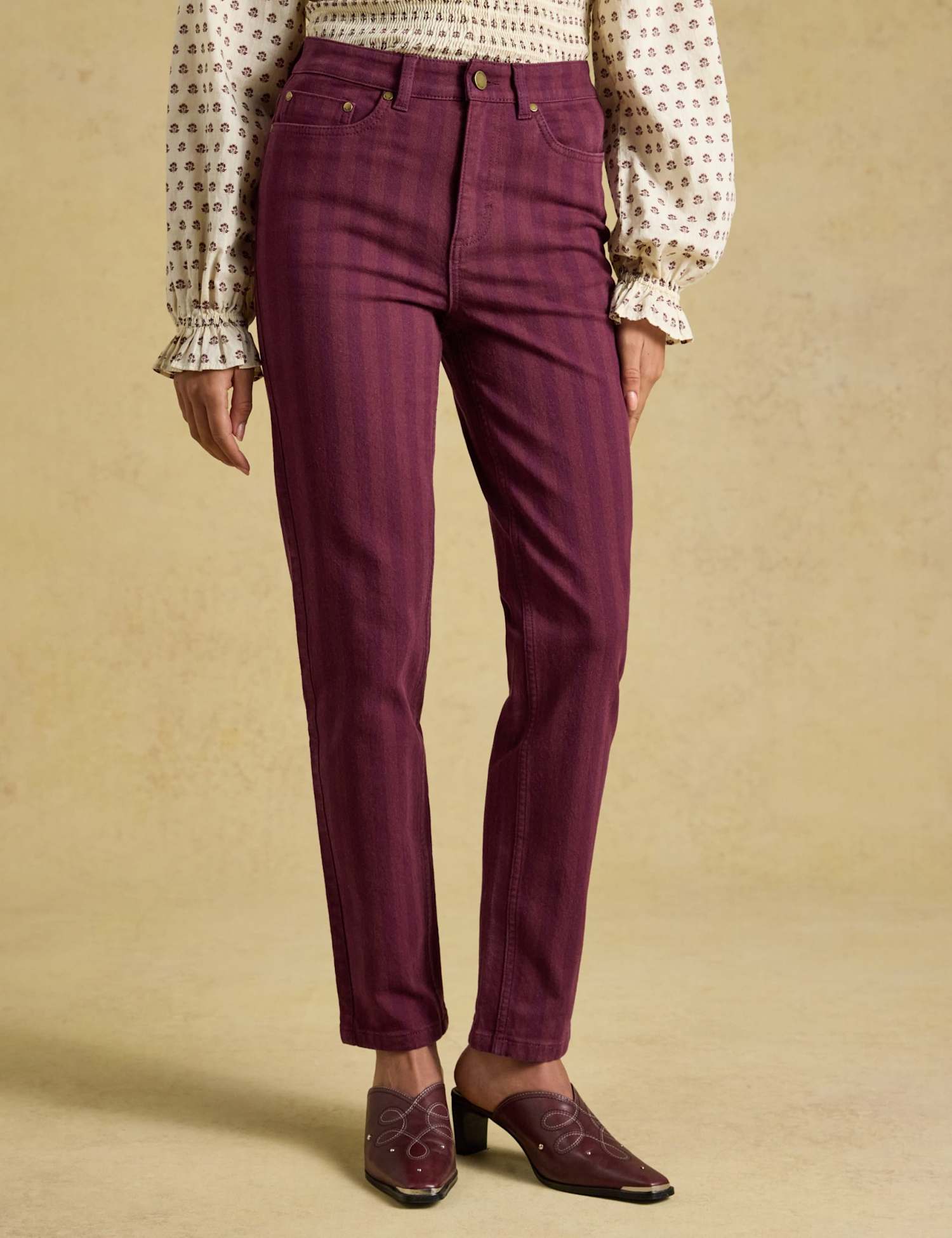 Joules Mid Rise Striped Straight Leg Jeans Burgundy Mix