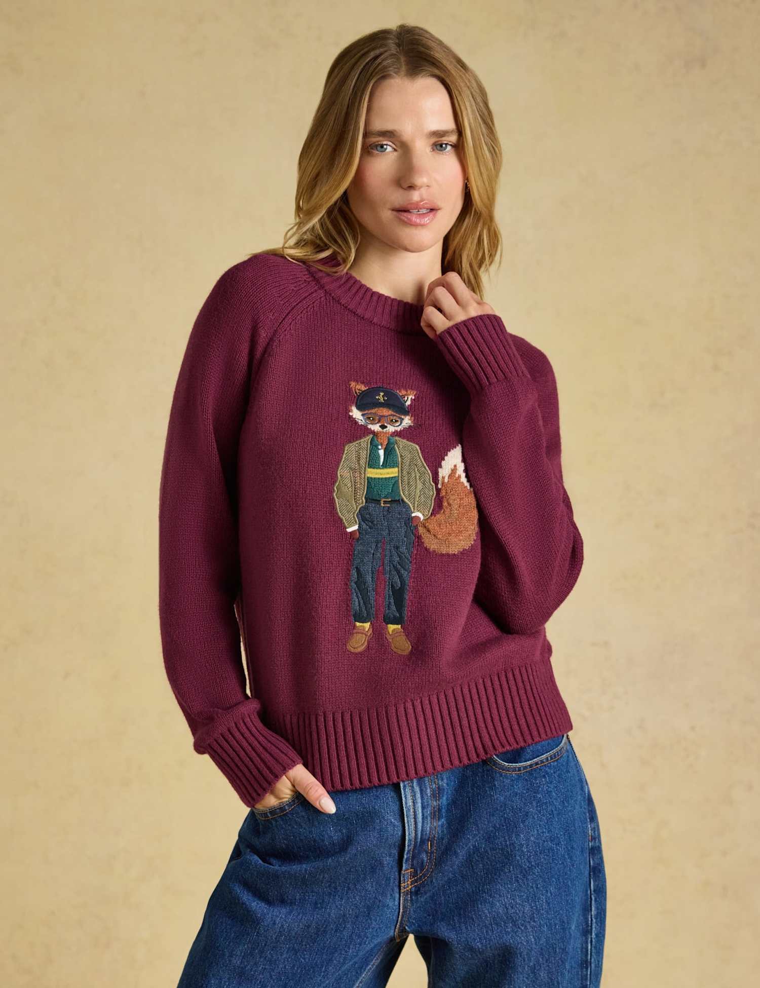 Joules Cotton Rich Embroidered Jumper with Wool Burgundy Mix