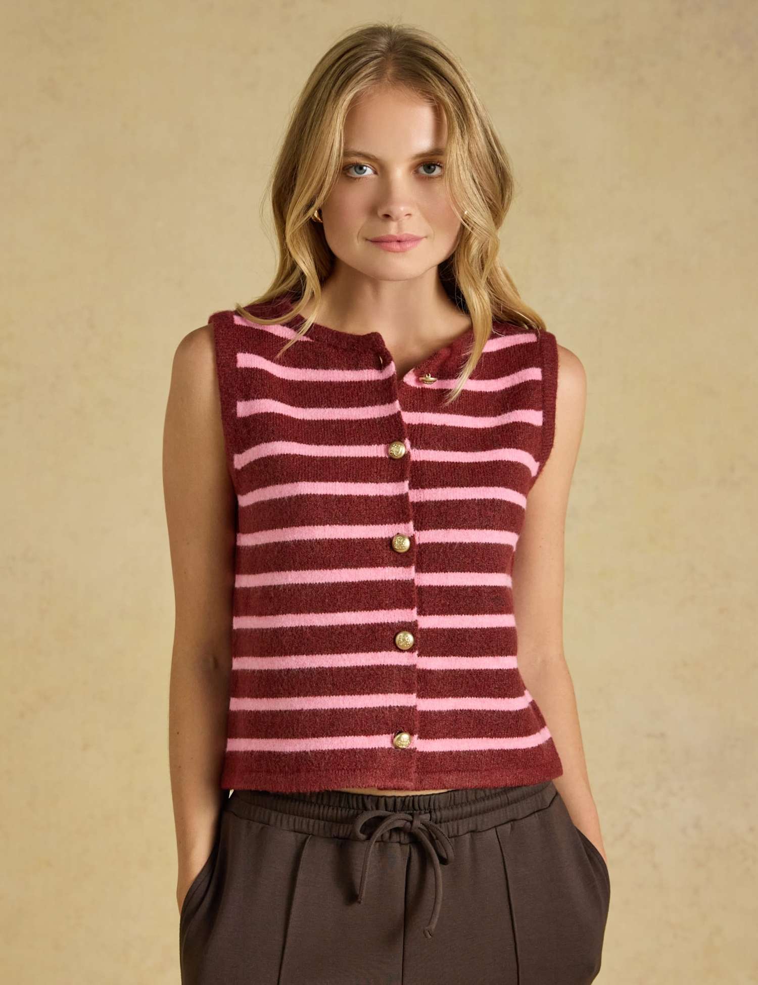 Joules Textured Button Through Knitted Vest Pink Mix