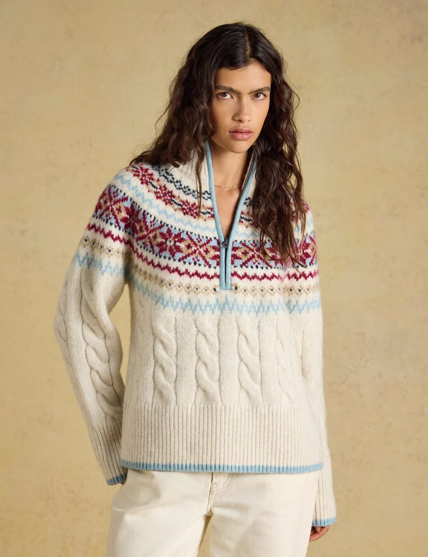 Joules Fair Isle Funnel Neck Half Zip Jumper with Wool Cream Mix