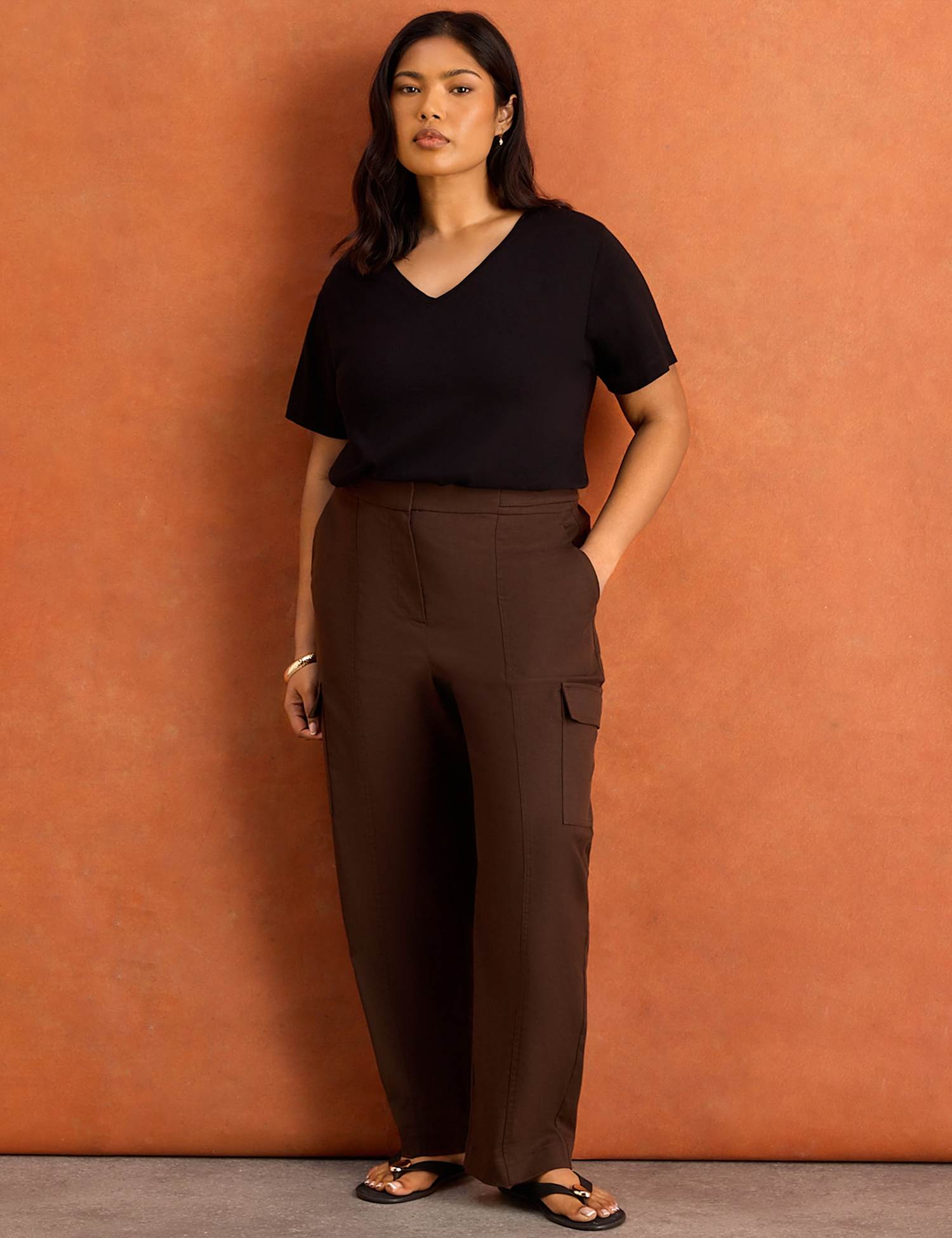 Live Unlimited London Lyocell Rich Utility Straight Leg Trousers Dark Brown