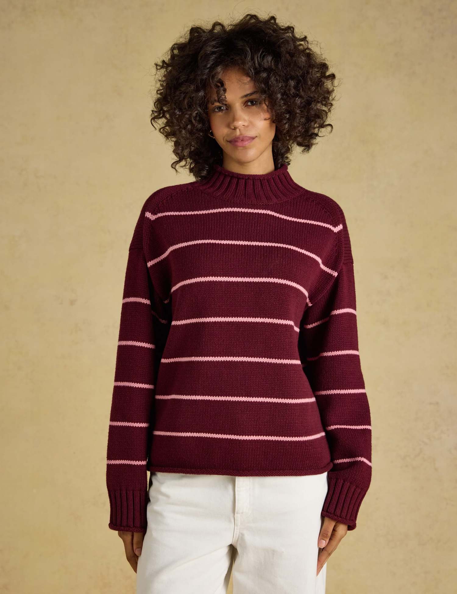 Joules Pure Cotton Striped Roll Neck Jumper Burgundy Mix
