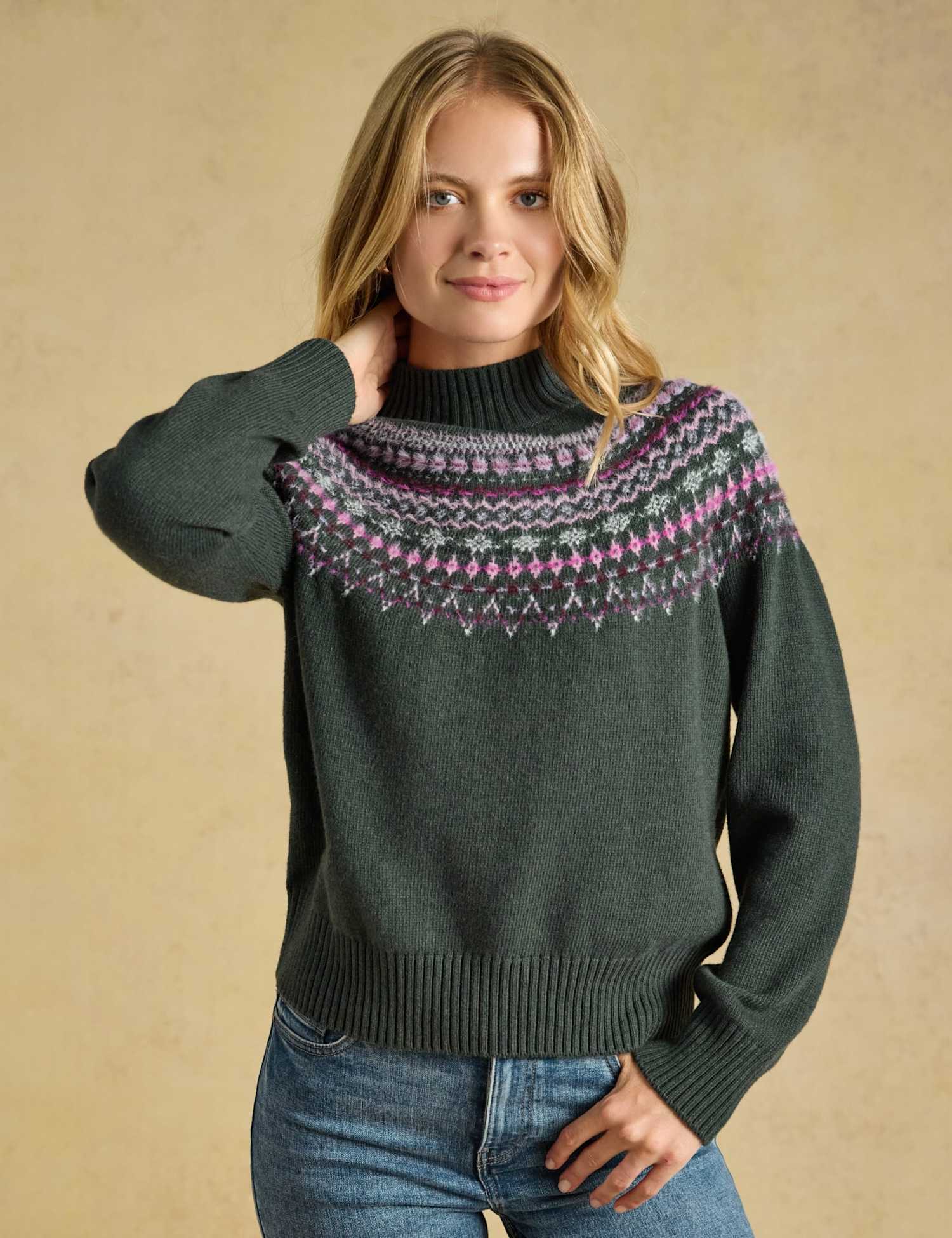 Joules Cotton Rich Fair Isle Roll Neck Jumper with Wool Green Mix