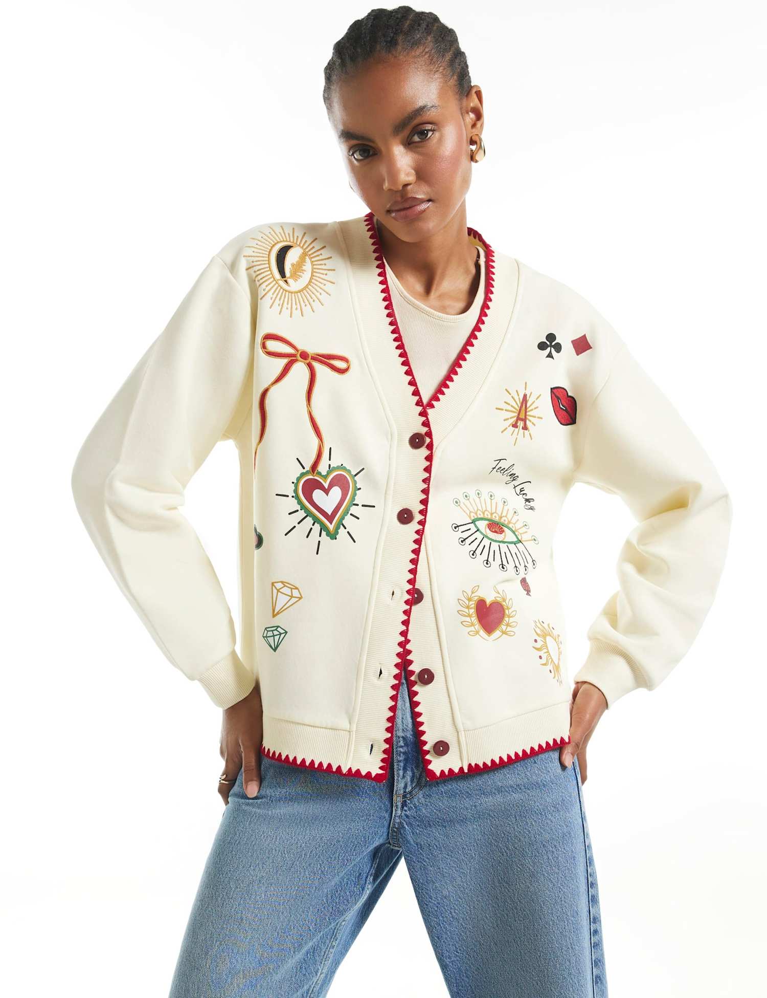 River Island Quirky Embroidered Sweatshirt Cardigan Cream Mix