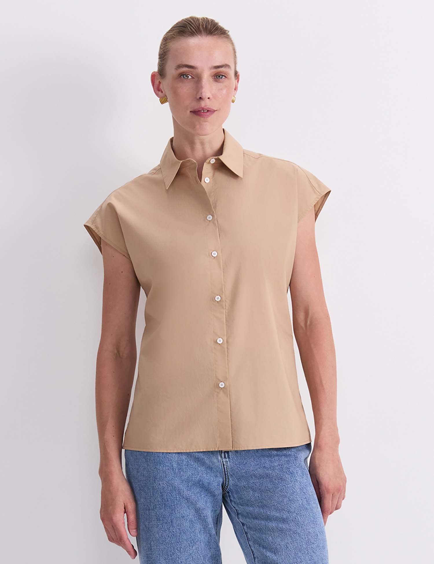 Sportscraft Pure Cotton Cap Sleeve Shirt Brown