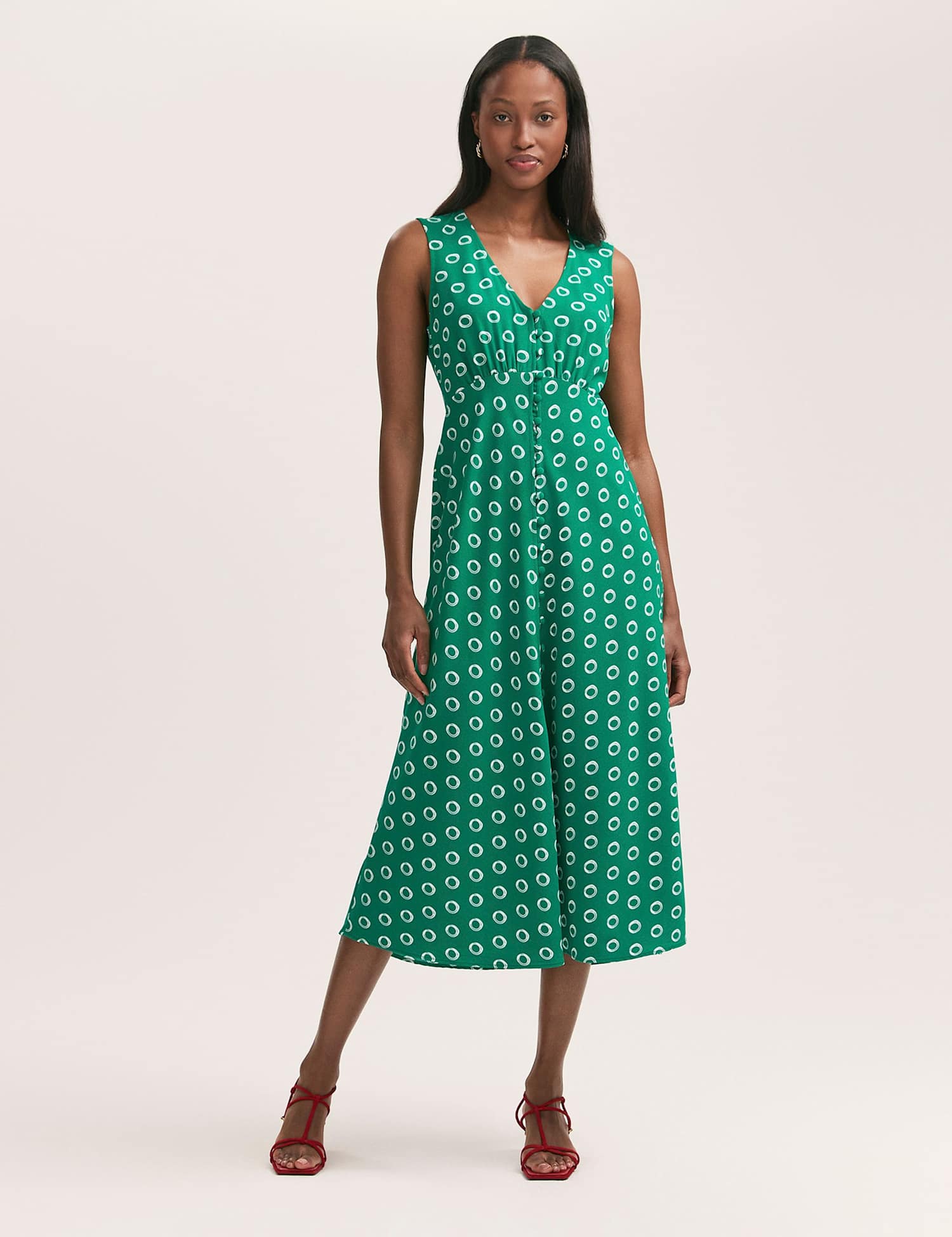 Finery London Spot Print V-Neck Midi Tea Dress Green Mix