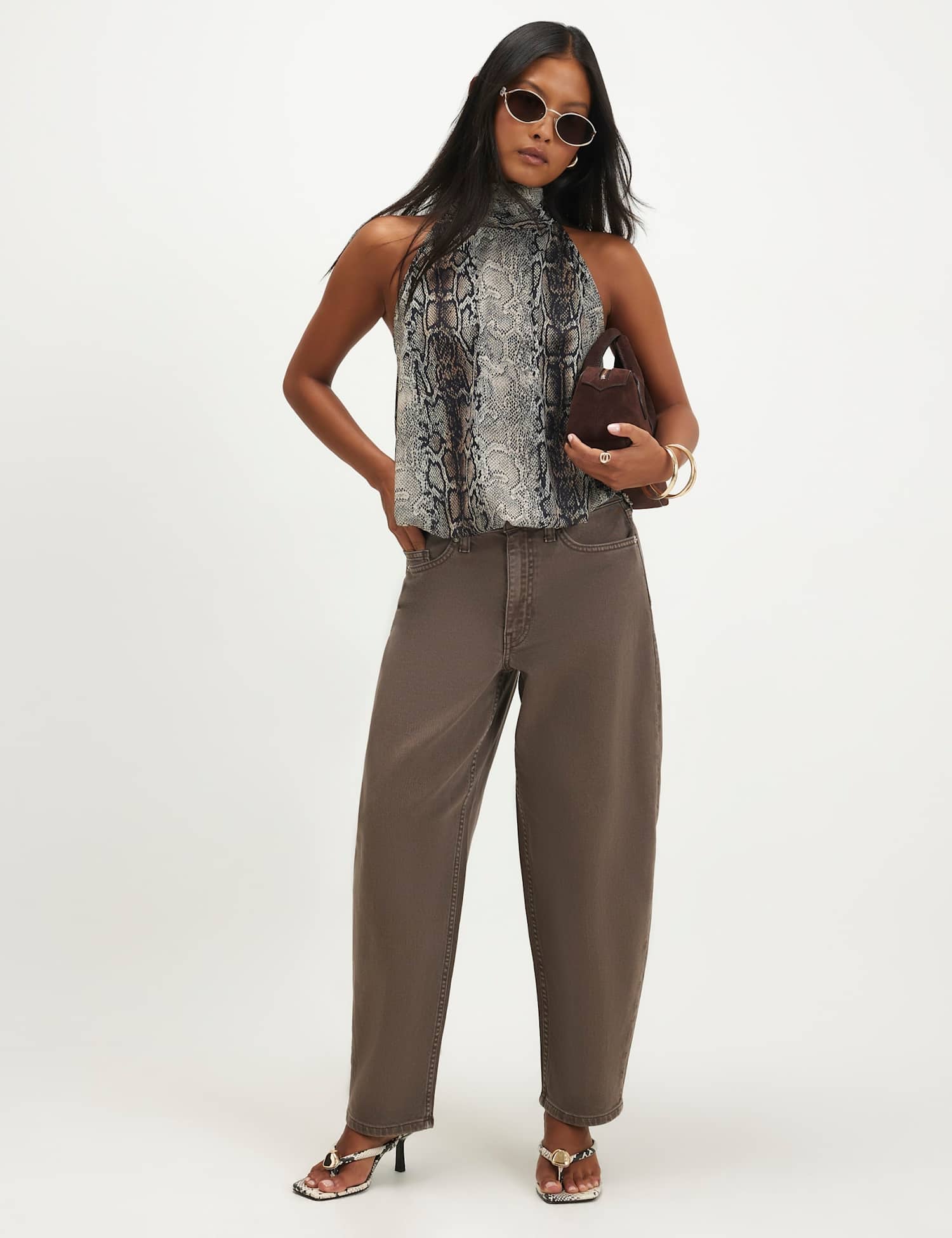 River Island Petite Mid Rise Barrel Jeans Brown