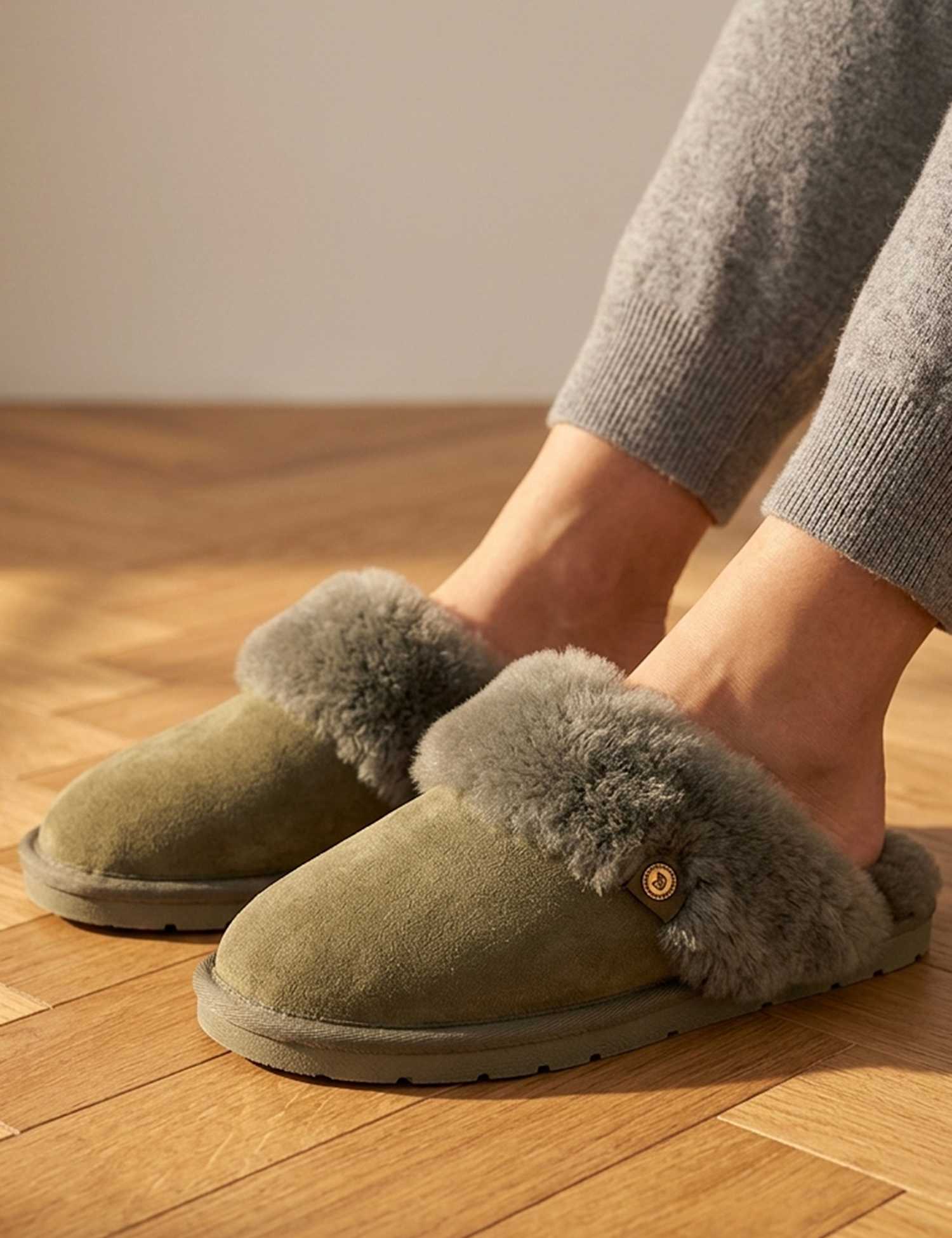 Jones Bootmaker Sheepskin Mule Slippers Olive