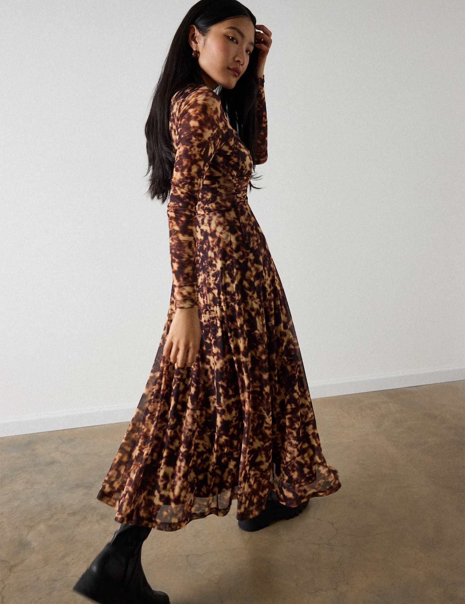 Whistles Mesh Animal Print Zip Up Midi Dress Brown Mix