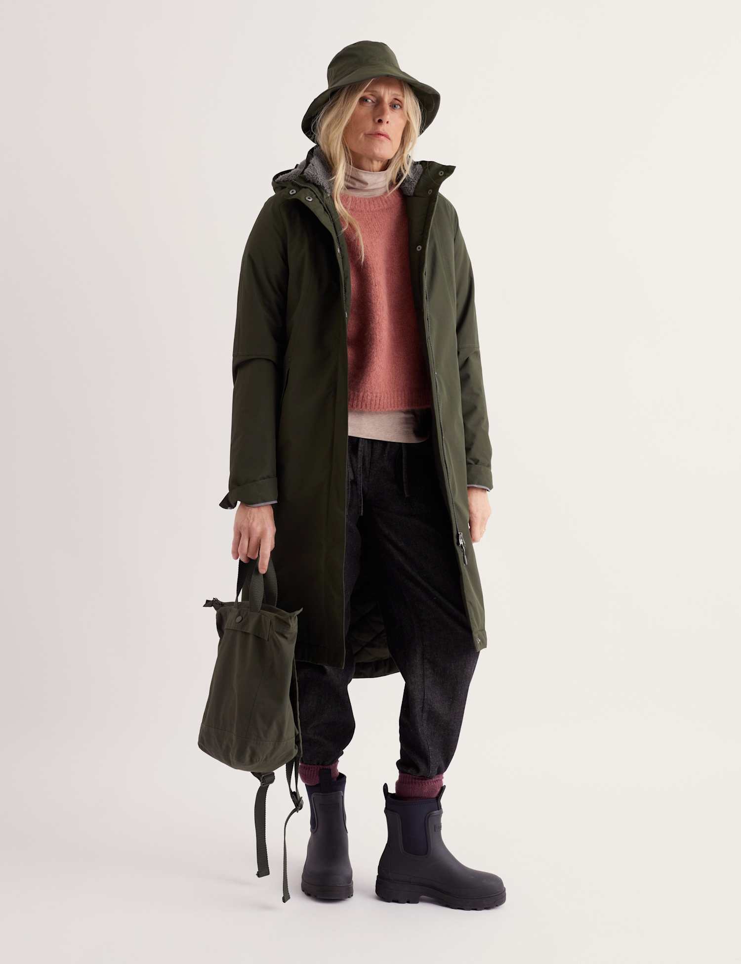 Seasalt Cornwall Waterproof Hooded Longline Raincoat Khaki