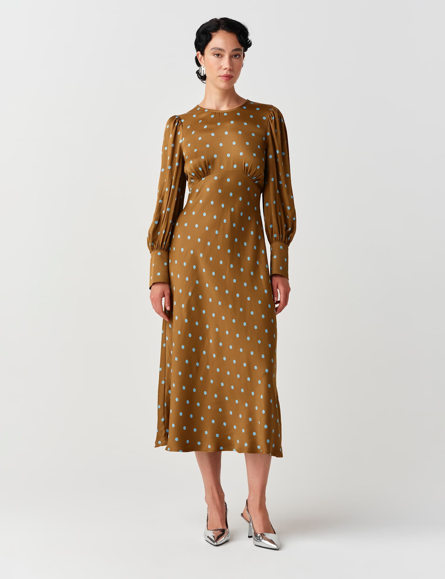 Ghost Satin Crepe Polka Dot Midi Skater Dress Green Mix