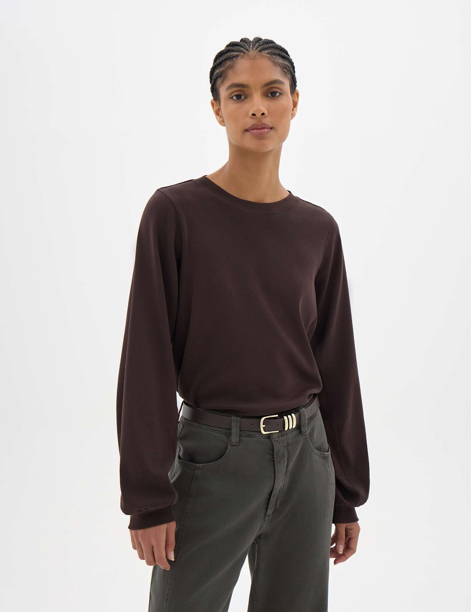 HUSH Pure Cotton Crew Neck Puff Sleeve Top Dark Brown