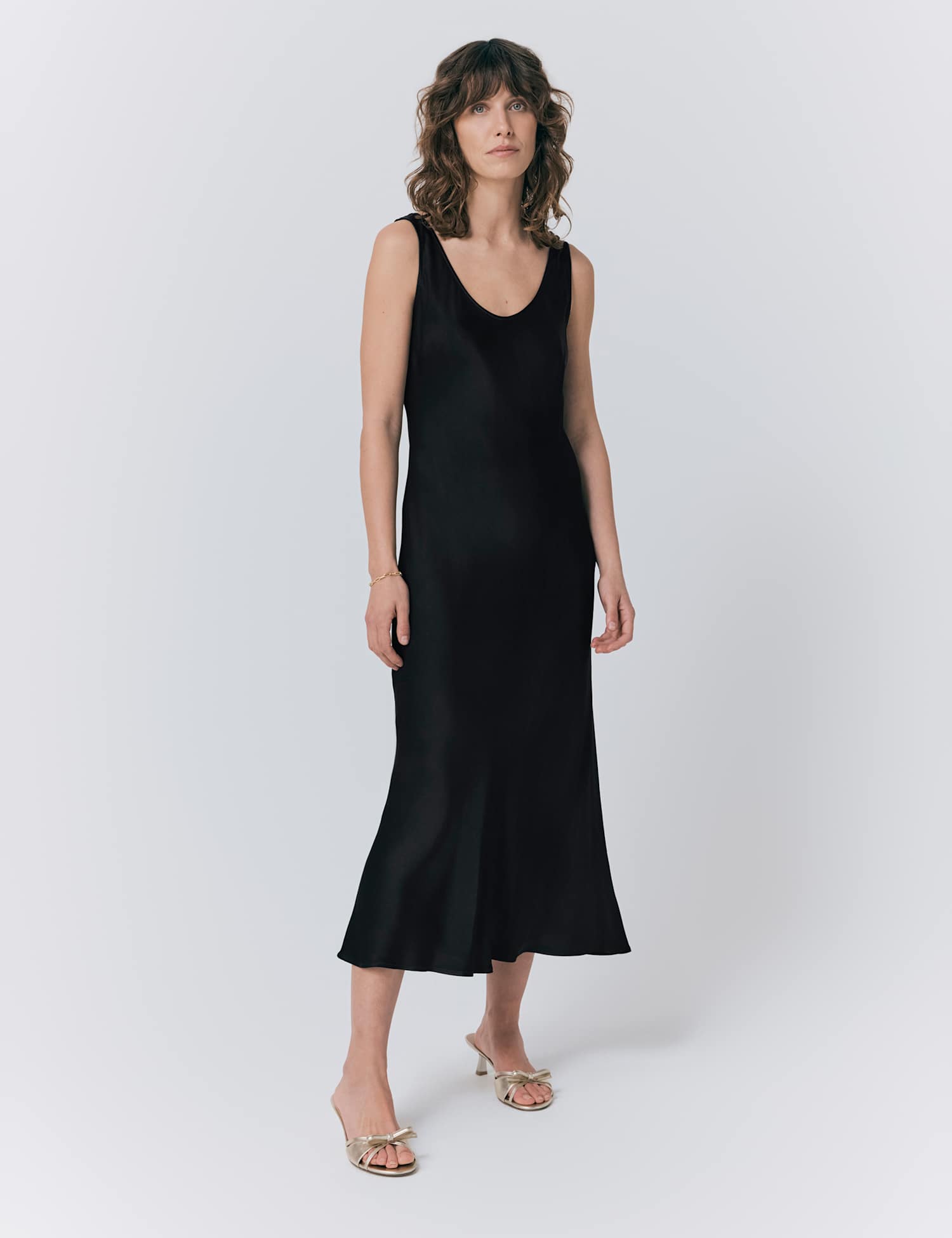 Ghost Satin Scoop Neck Midi Slip Dress Black