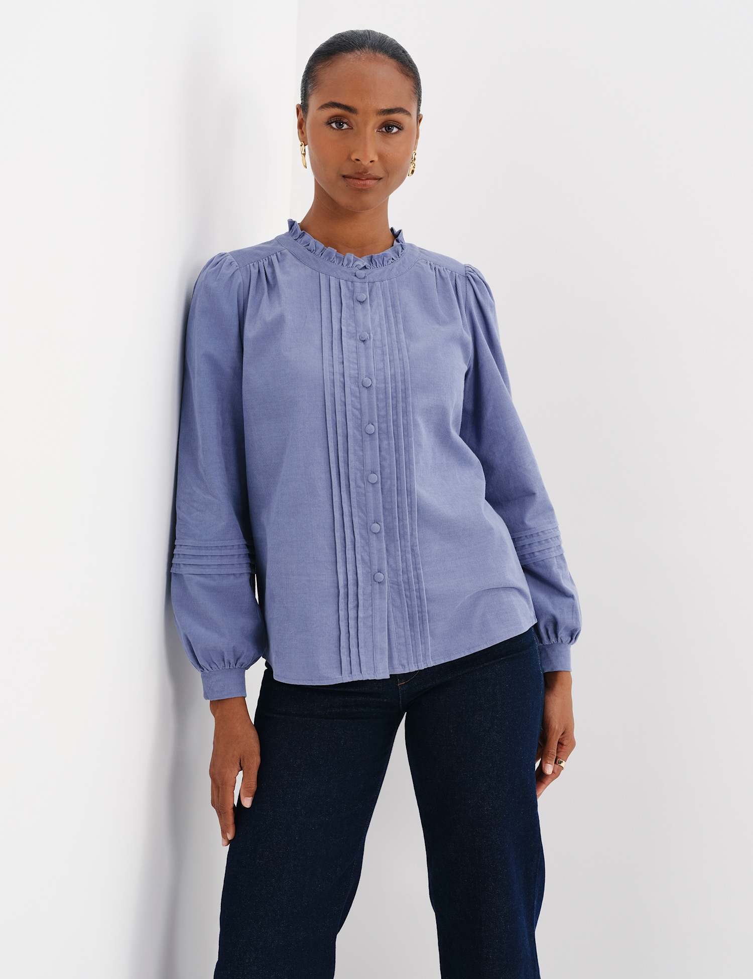 Finery London Cord Textured Pintuck Shirt Light Blue