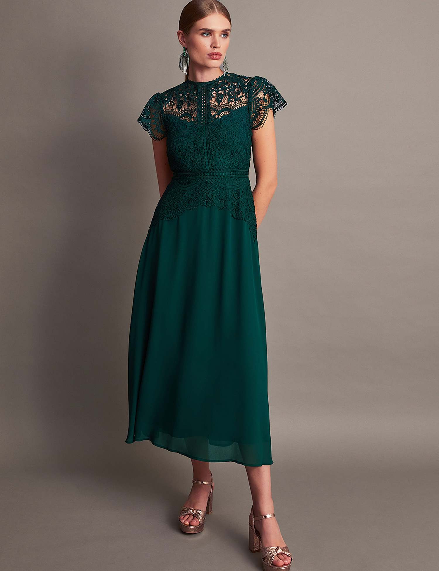 Monsoon Lace Midi Waisted Dress Green