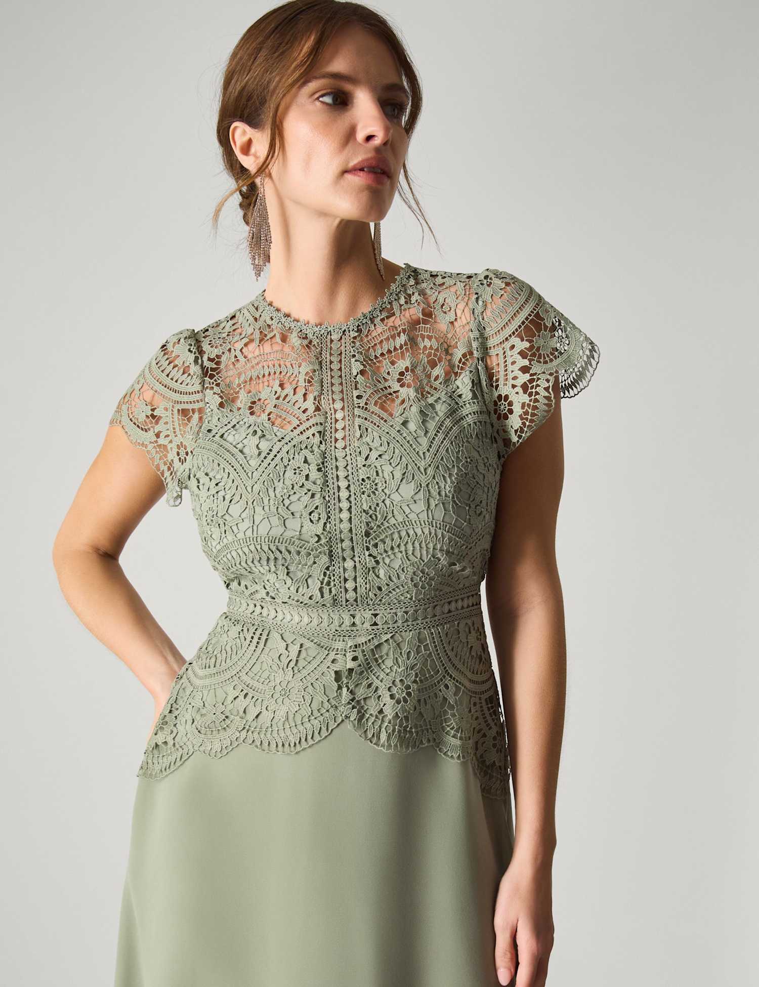 Monsoon Lace Midi Waisted Dress Light Green