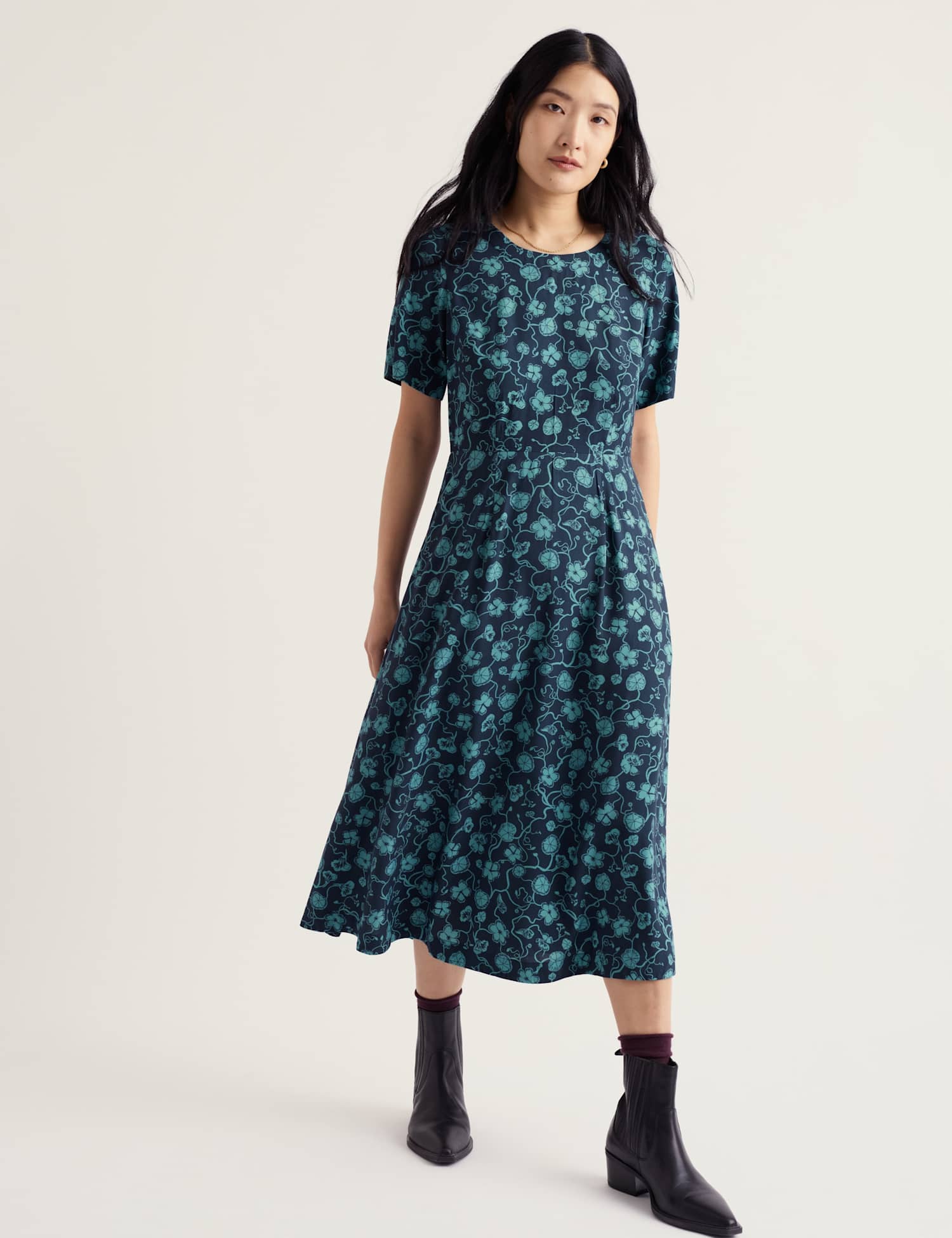 Seasalt Cornwall Floral Scoop Neck Midi Waisted Dress Teal Mix