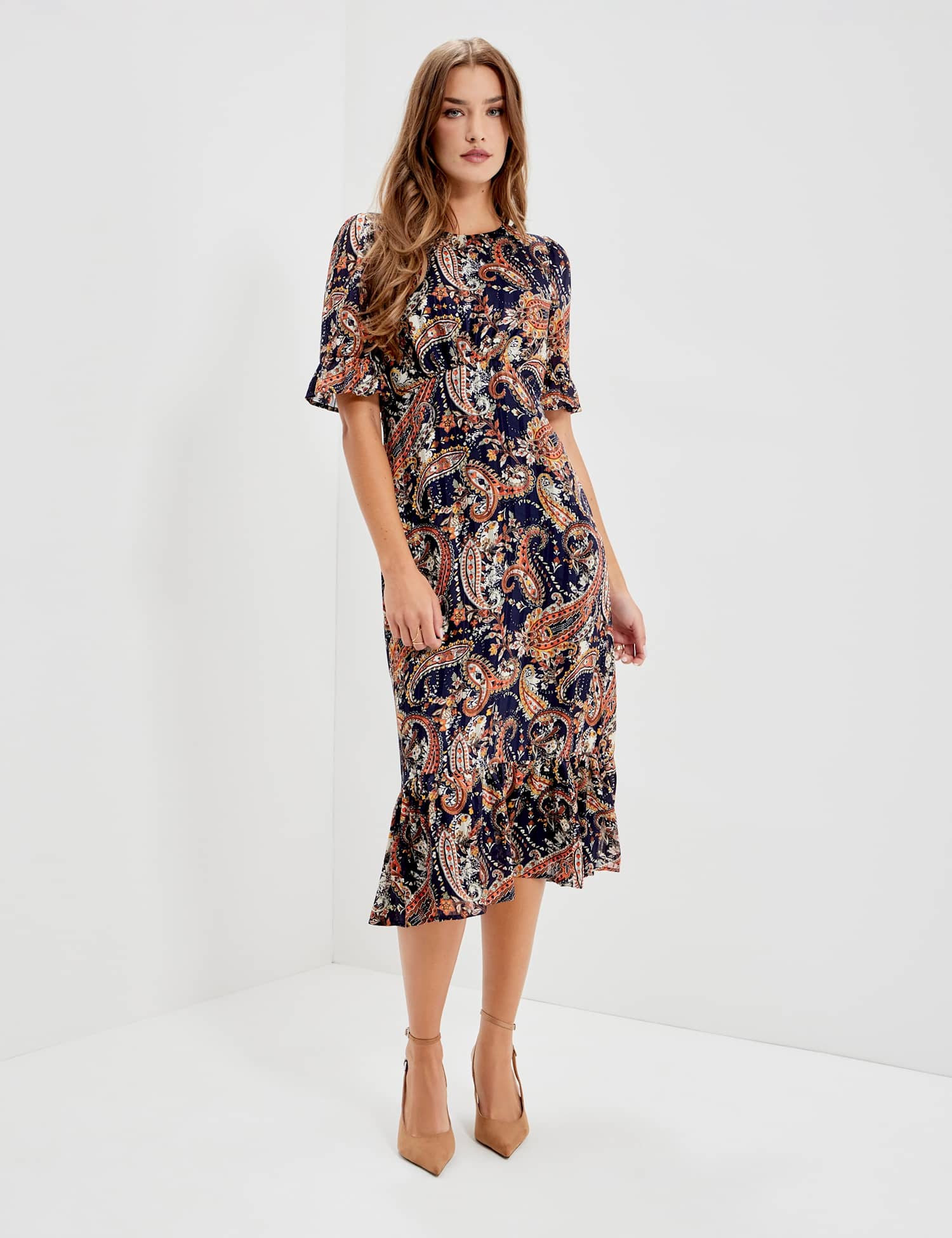 Finery London Chiffon Paisley Round Neck Keyhole Midi Dress Navy Mix