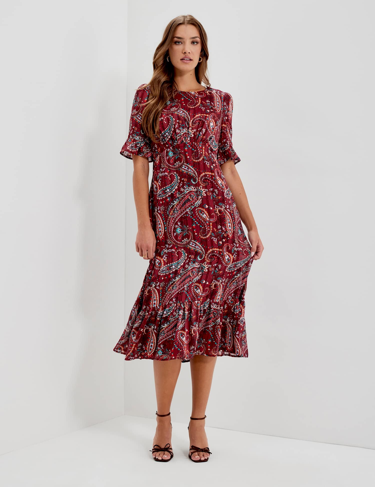 Finery London Chiffon Paisley Round Neck Keyhole Midi Dress Burgundy Mix