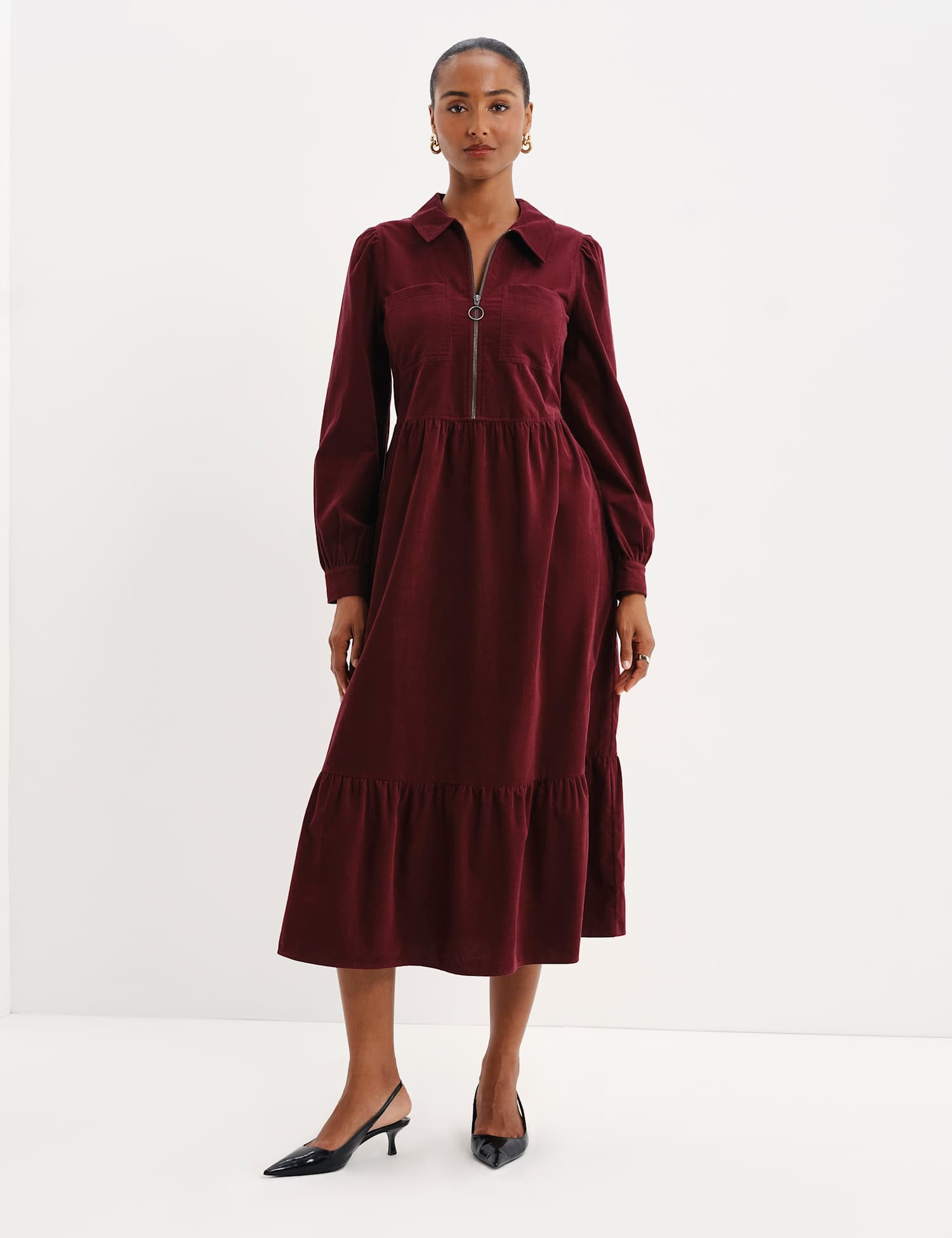 Finery London Cord Midi Shirt Dress Burgundy