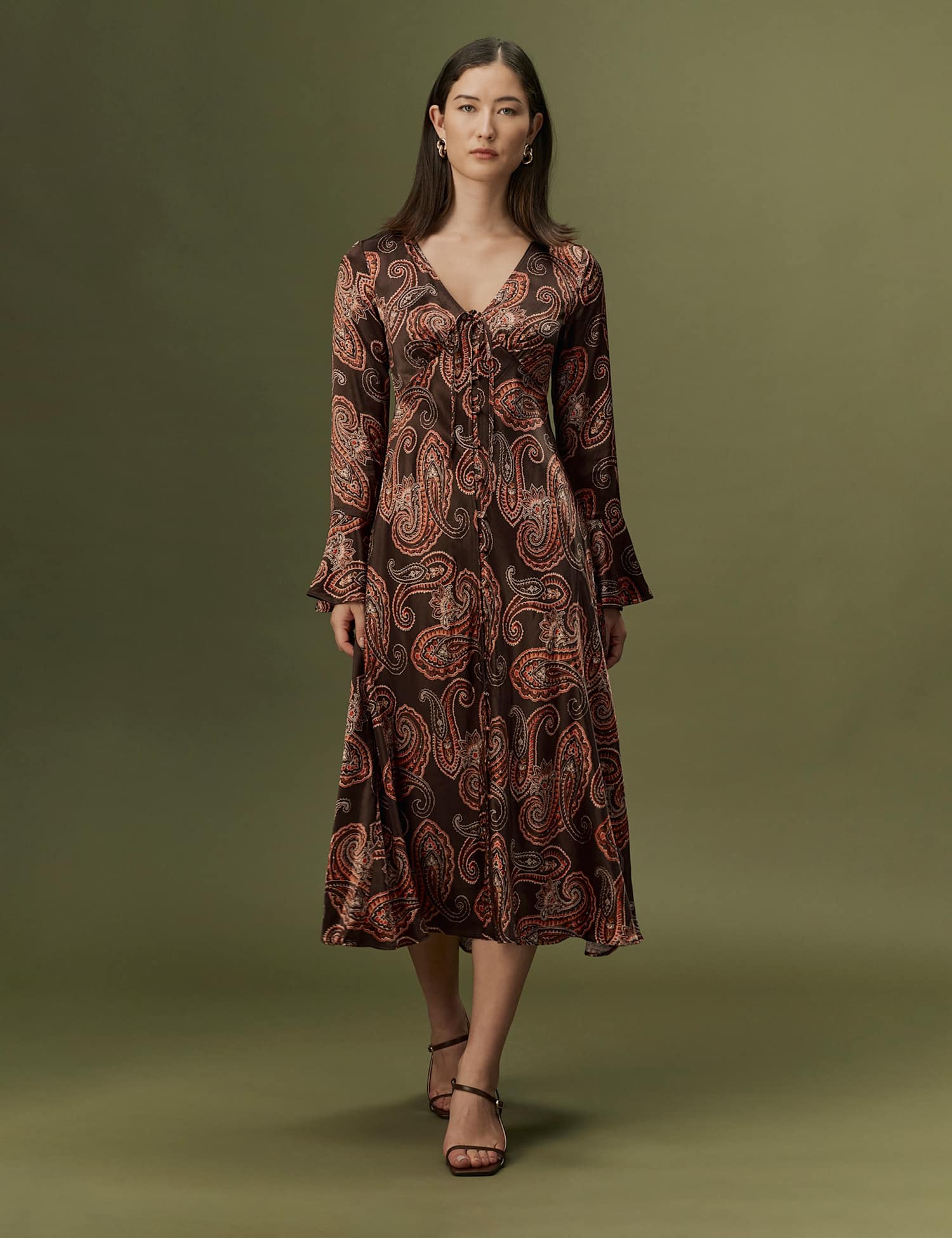 Ghost Satin Paisley V Neck Button Through Midi Dress Brown Mix