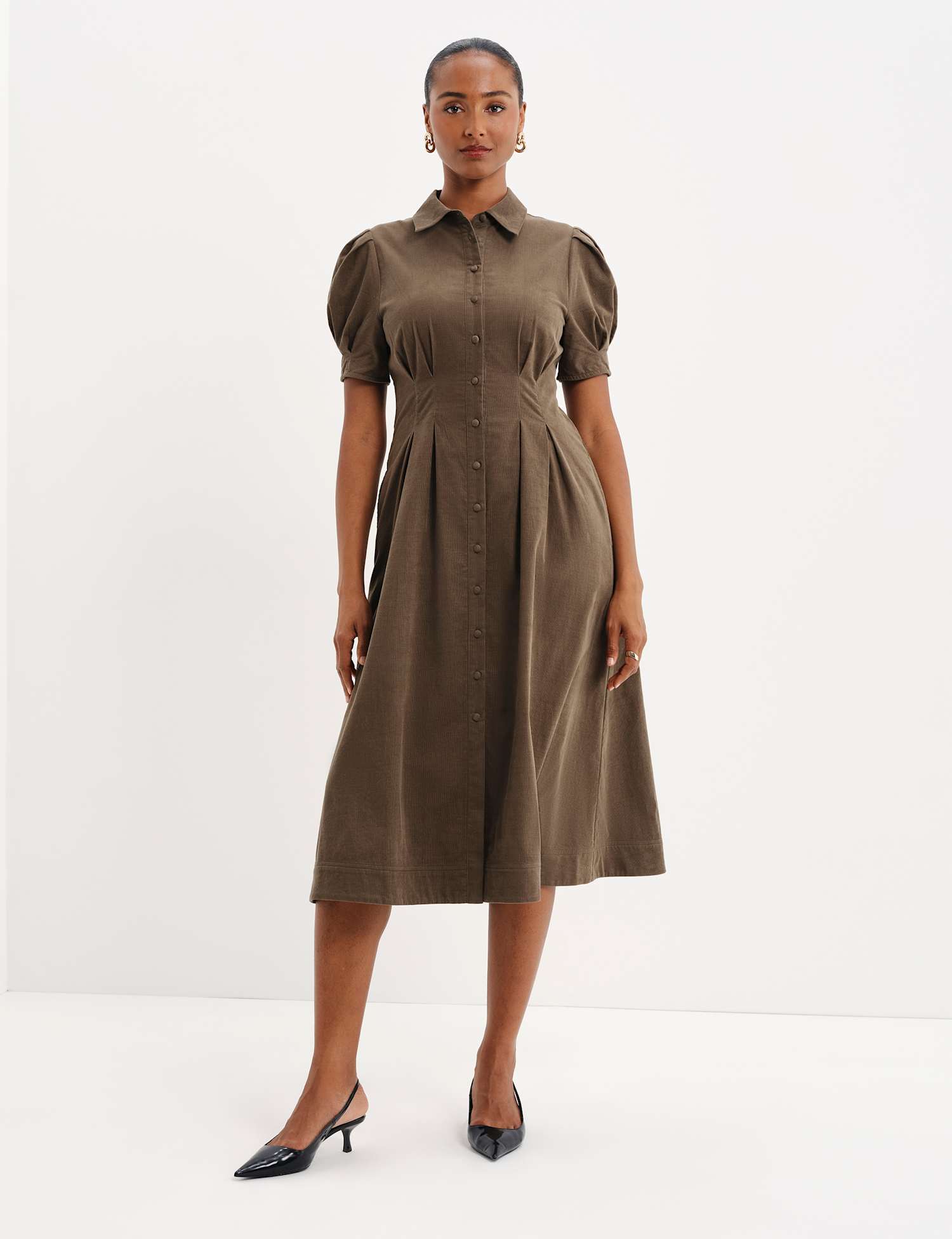 Finery London Cord Midi Shirt Dress Khaki