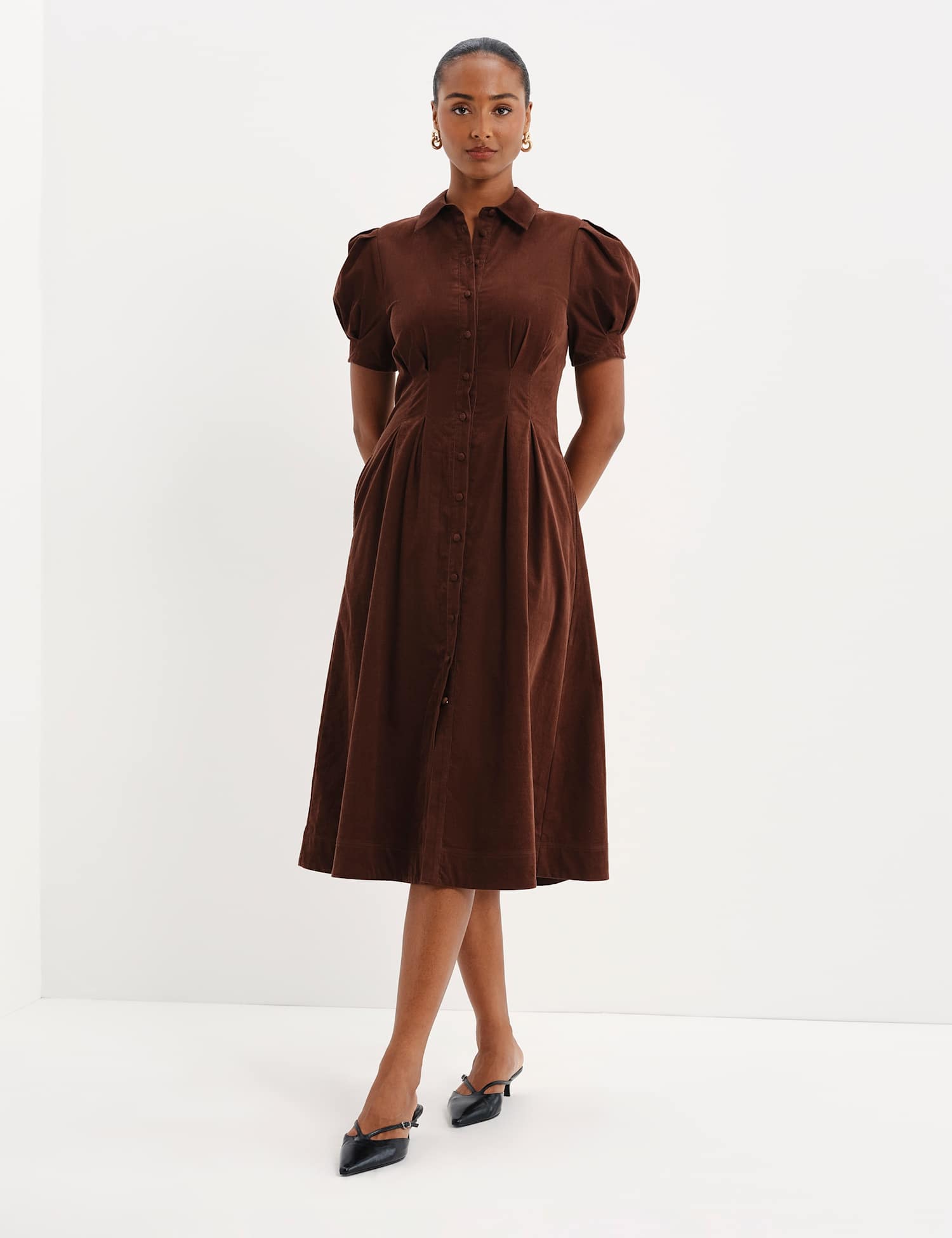 Finery London Cord Midi Shirt Dress Brown