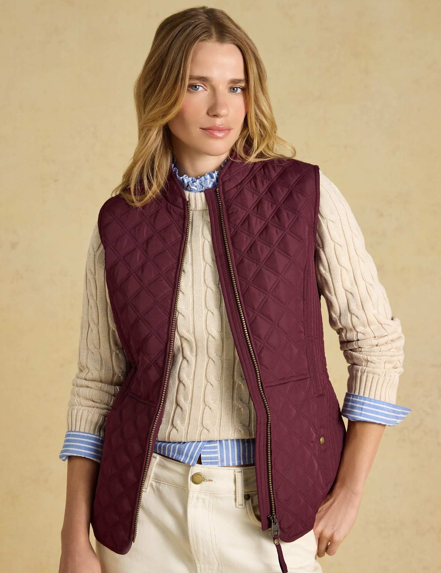 Joules Showerproof Quilted Zip Through Gilet Dark Red