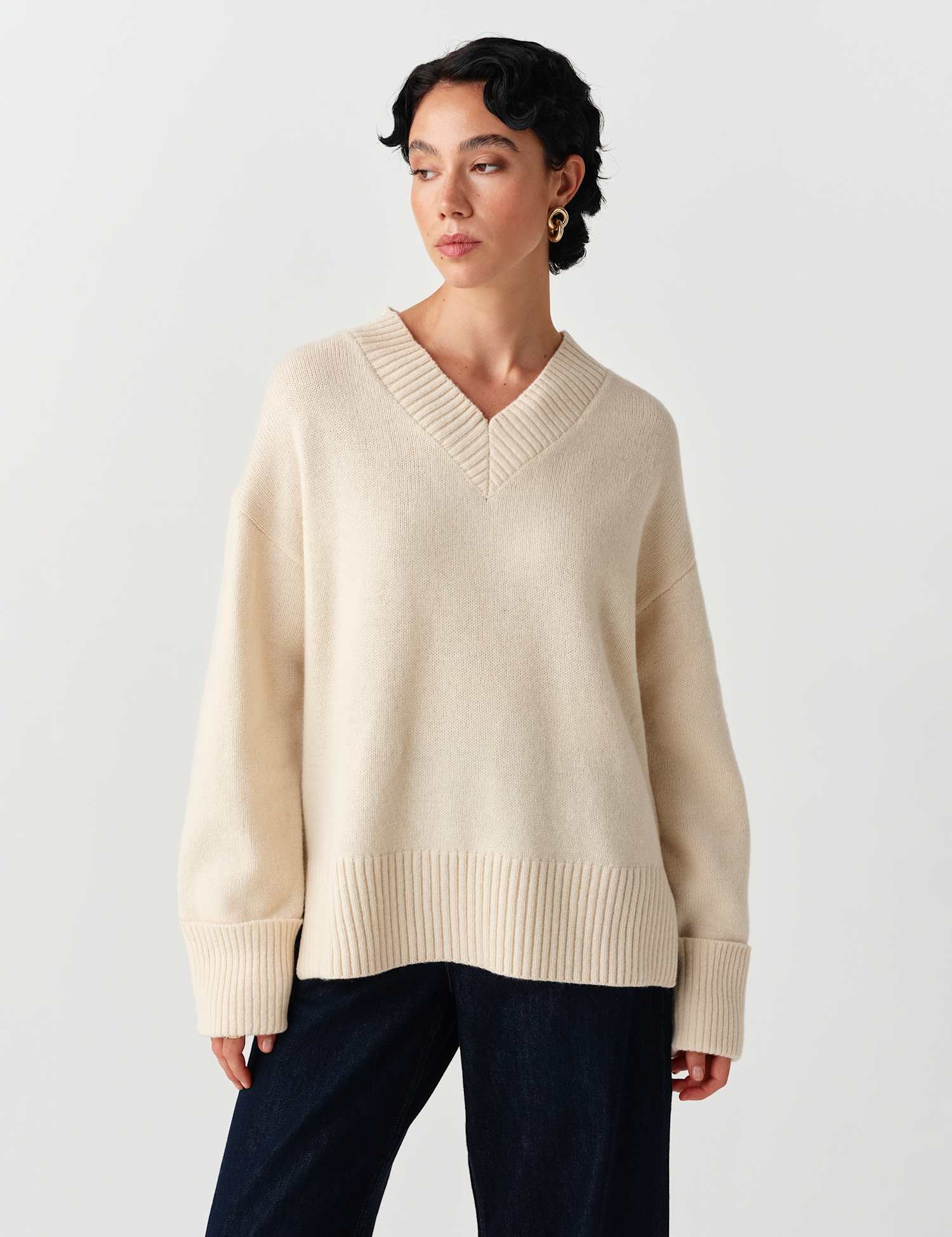 Ghost Wool Rich Ribbed V Neck Relaxed Jumper Ivory
