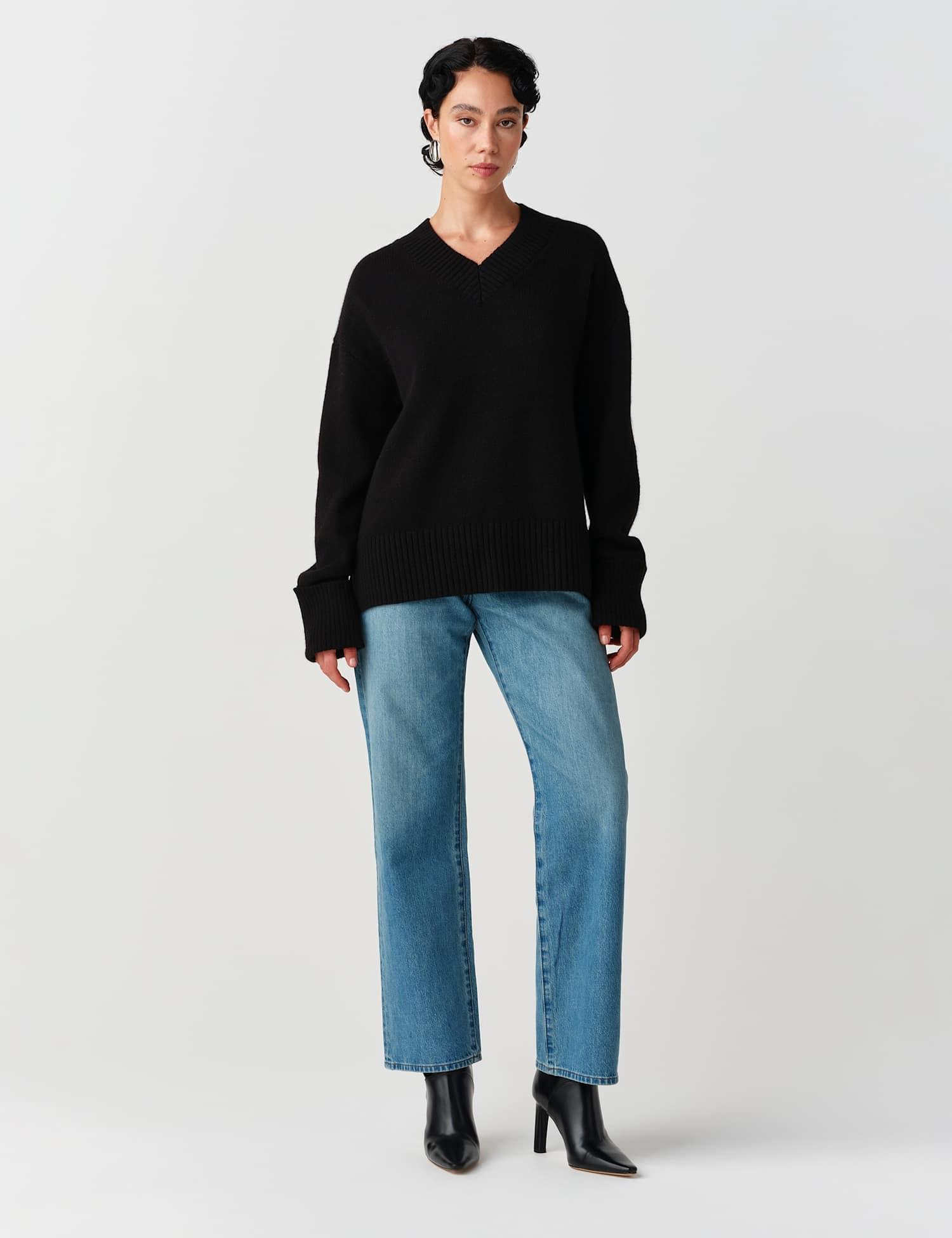 Ghost Wool Rich Ribbed V Neck Relaxed Jumper Black