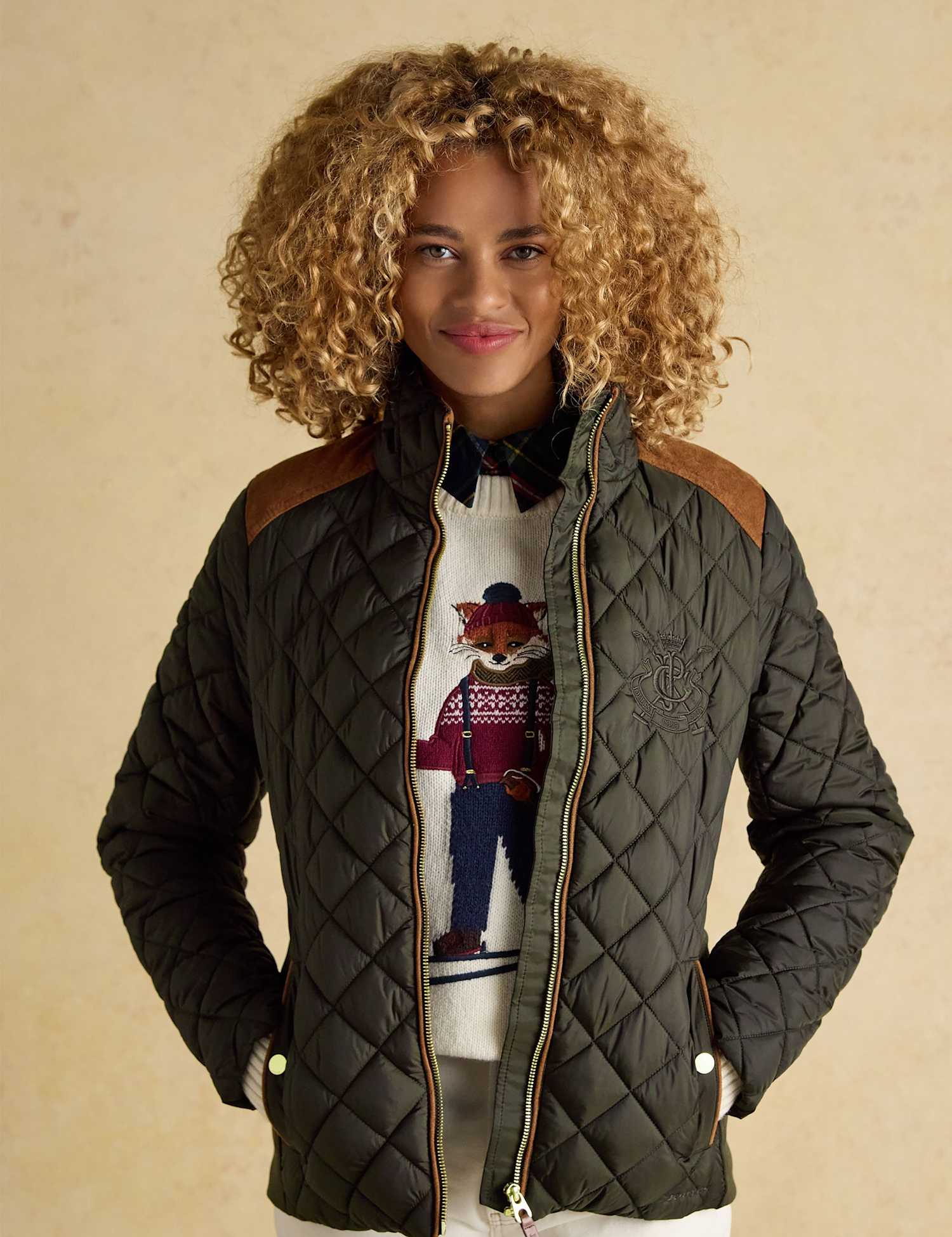 Joules Showerproof Diamond Quilted Coat Khaki
