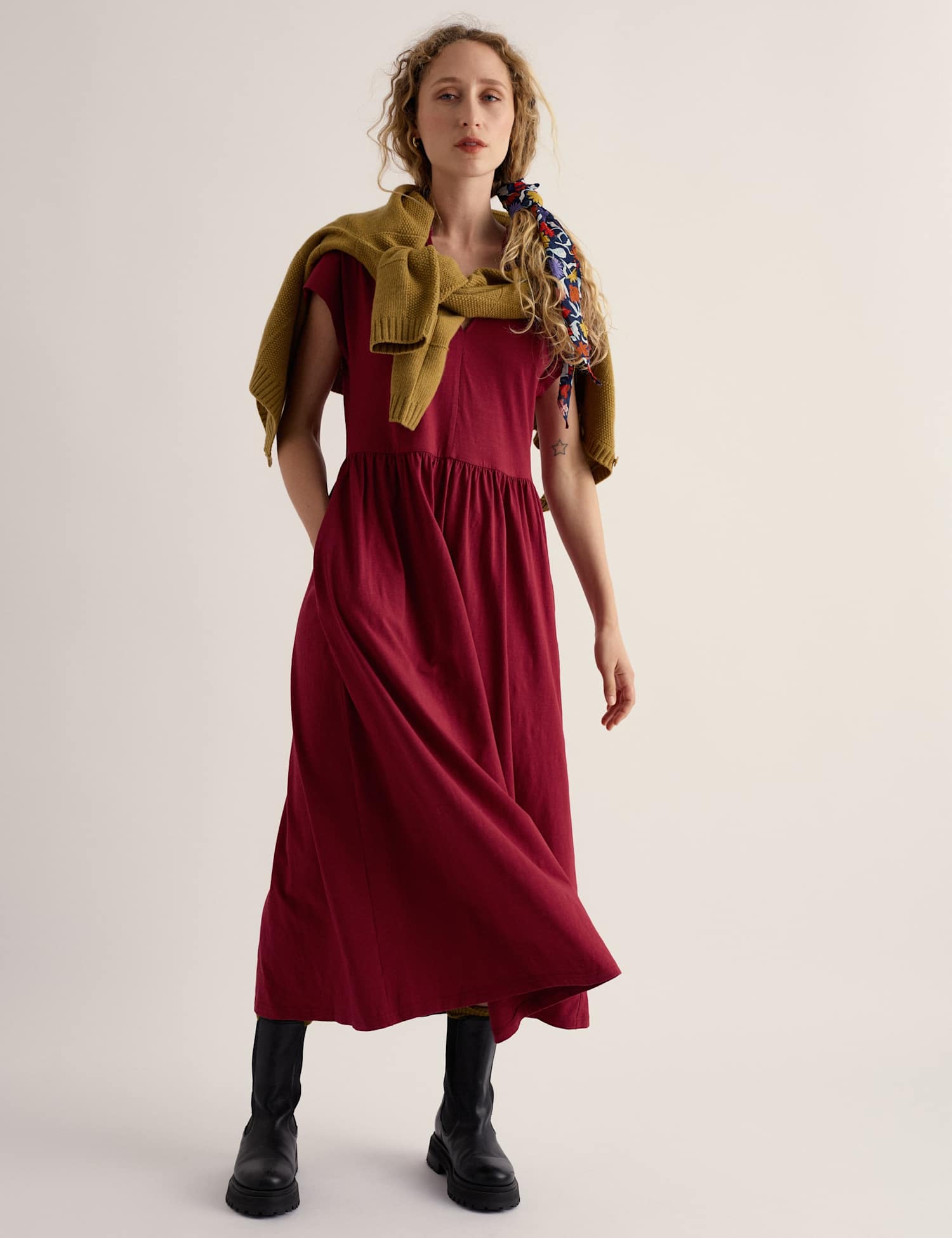 Seasalt Cornwall Cotton Rich Notch Neck Midi Waisted Dress Red