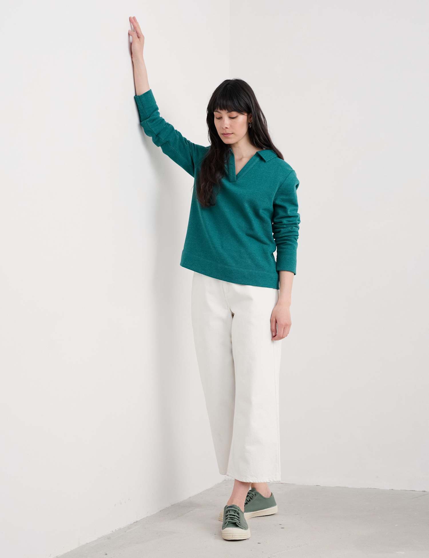 Seasalt Cornwall Pure Cotton V-Neck Collared Sweatshirt Green