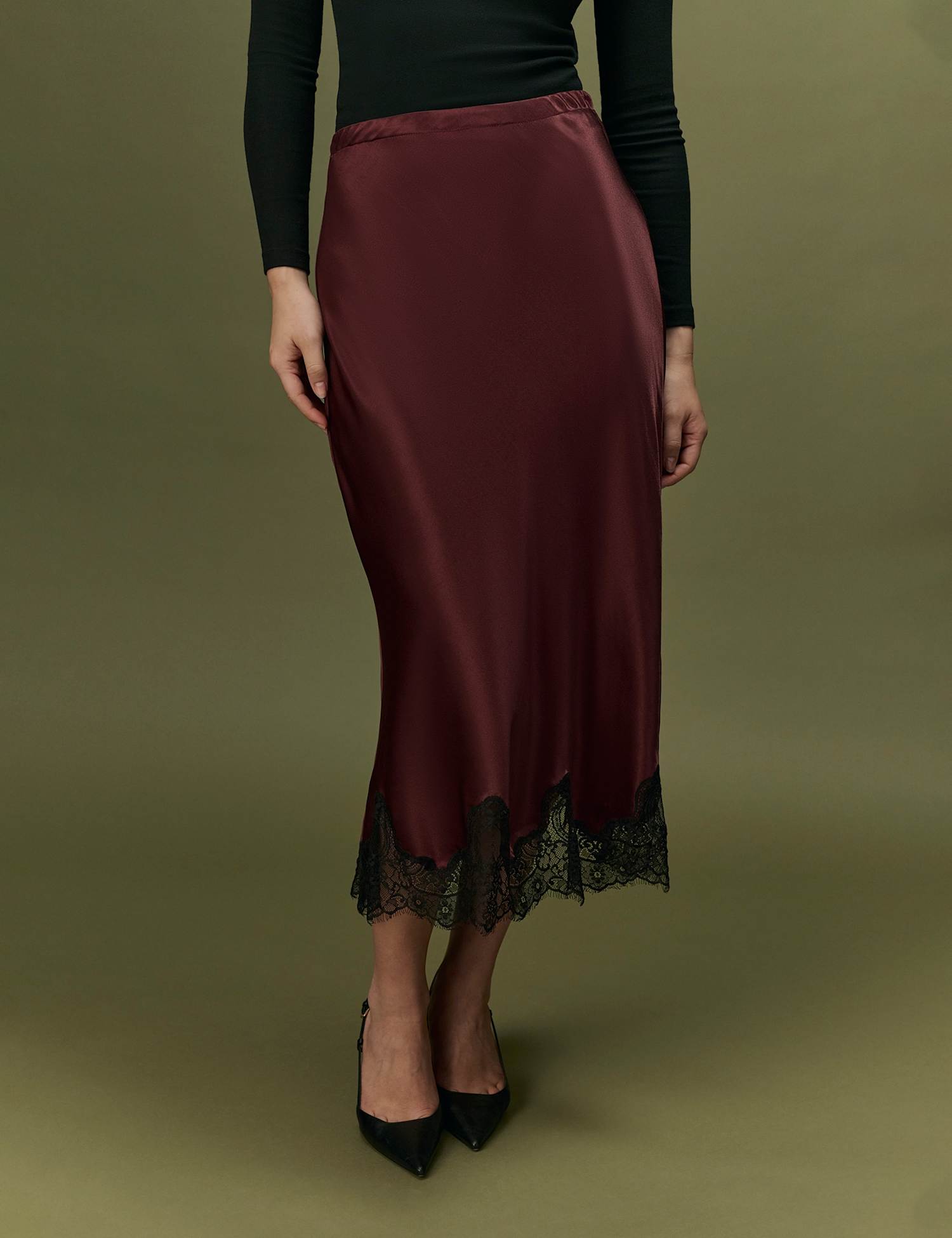 Ghost Satin Lace Midi Slip Skirt Burgundy