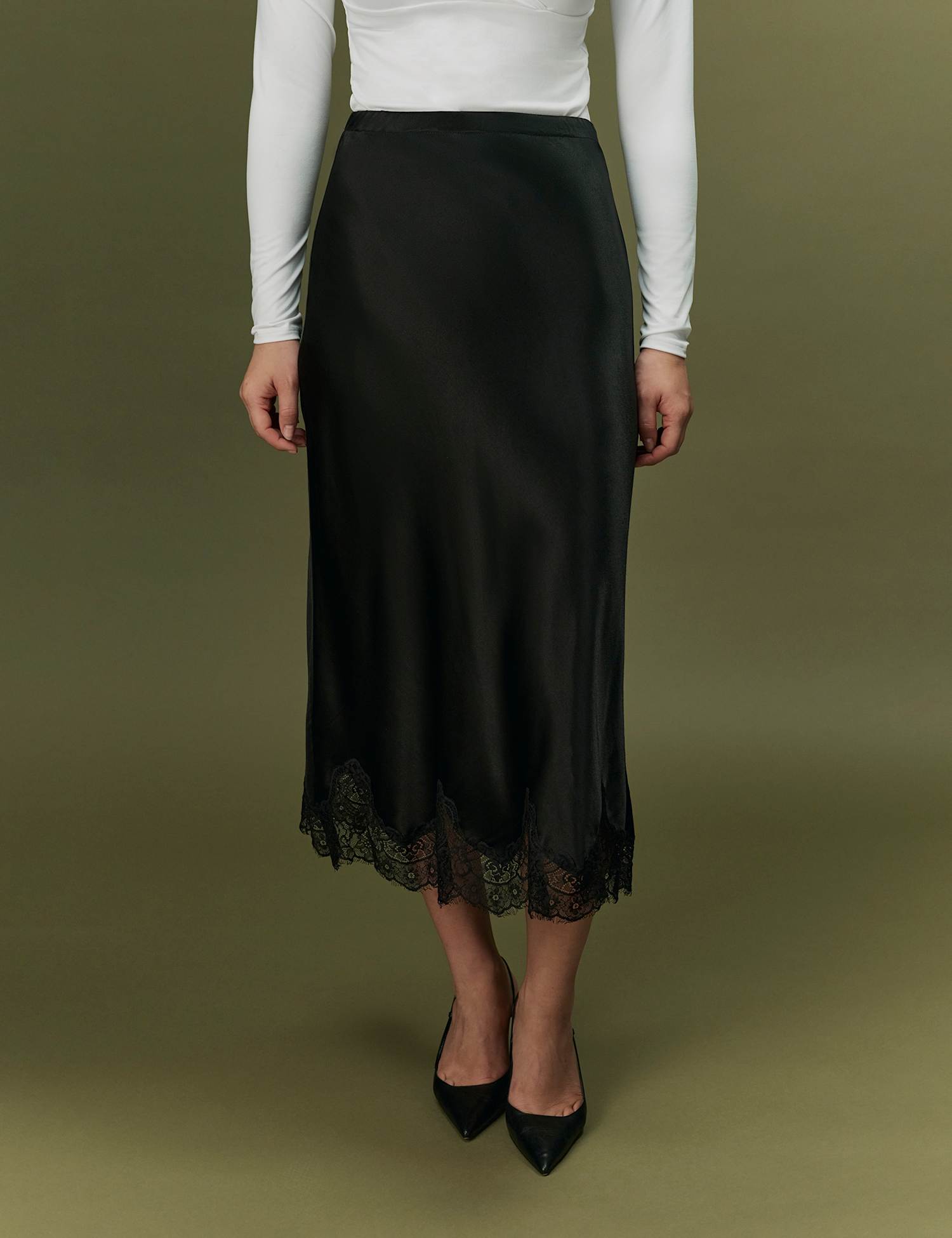 Ghost Satin Lace Midi Slip Skirt Black