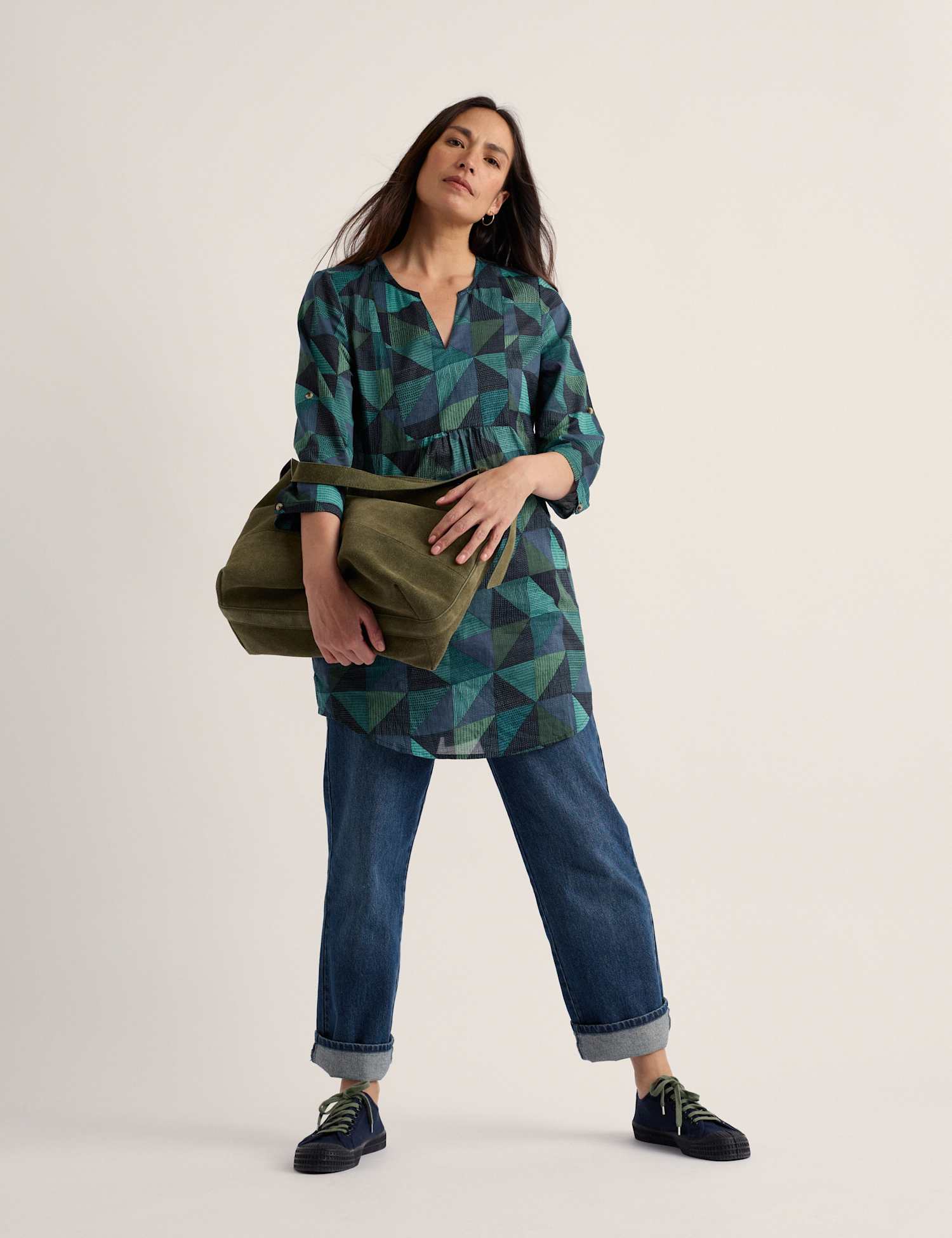 Seasalt Cornwall Pure Cotton Geometric V-Neck Tunic Teal Mix