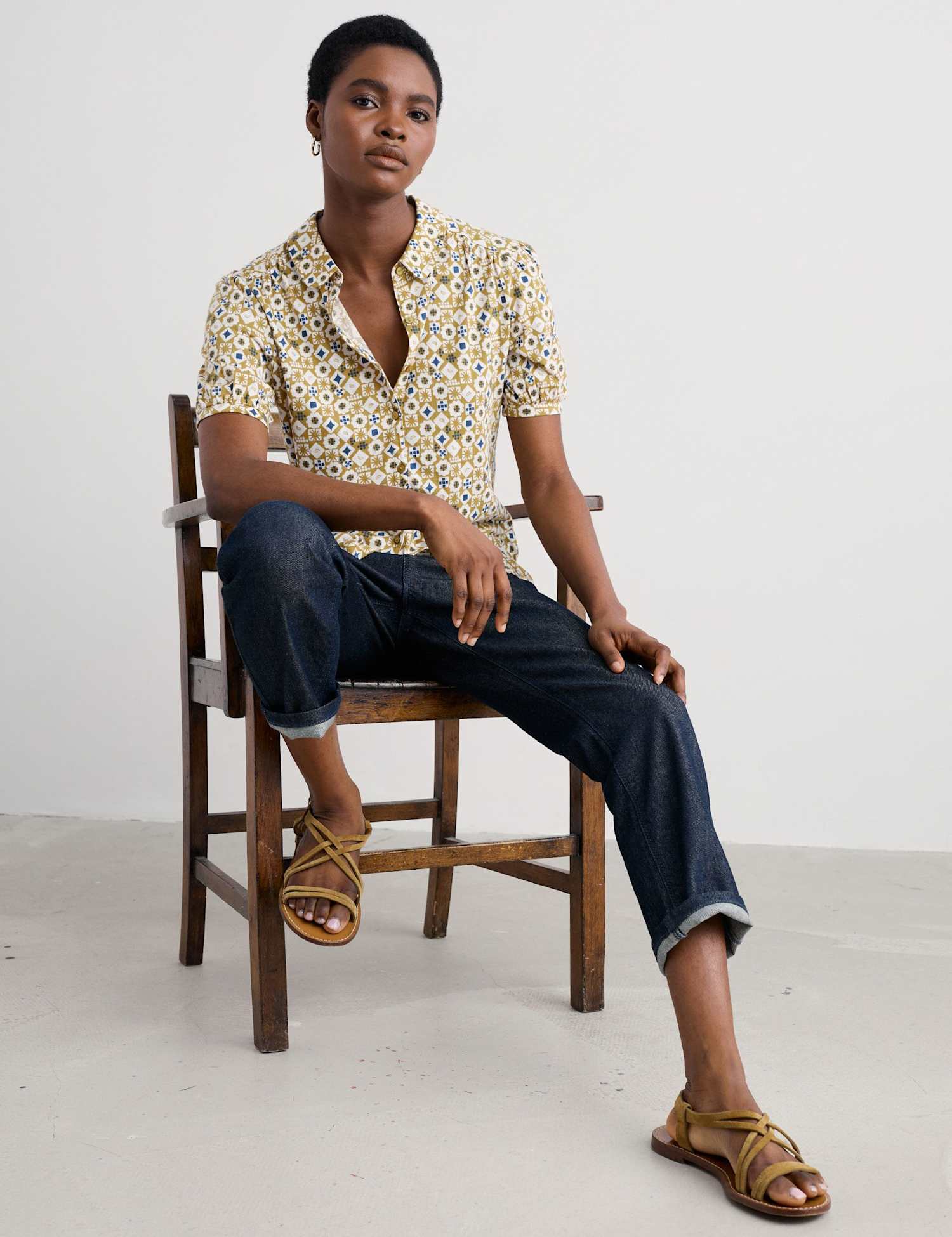 Seasalt Cornwall Cotton Rich Geometric Collared Shirt Yellow Mix