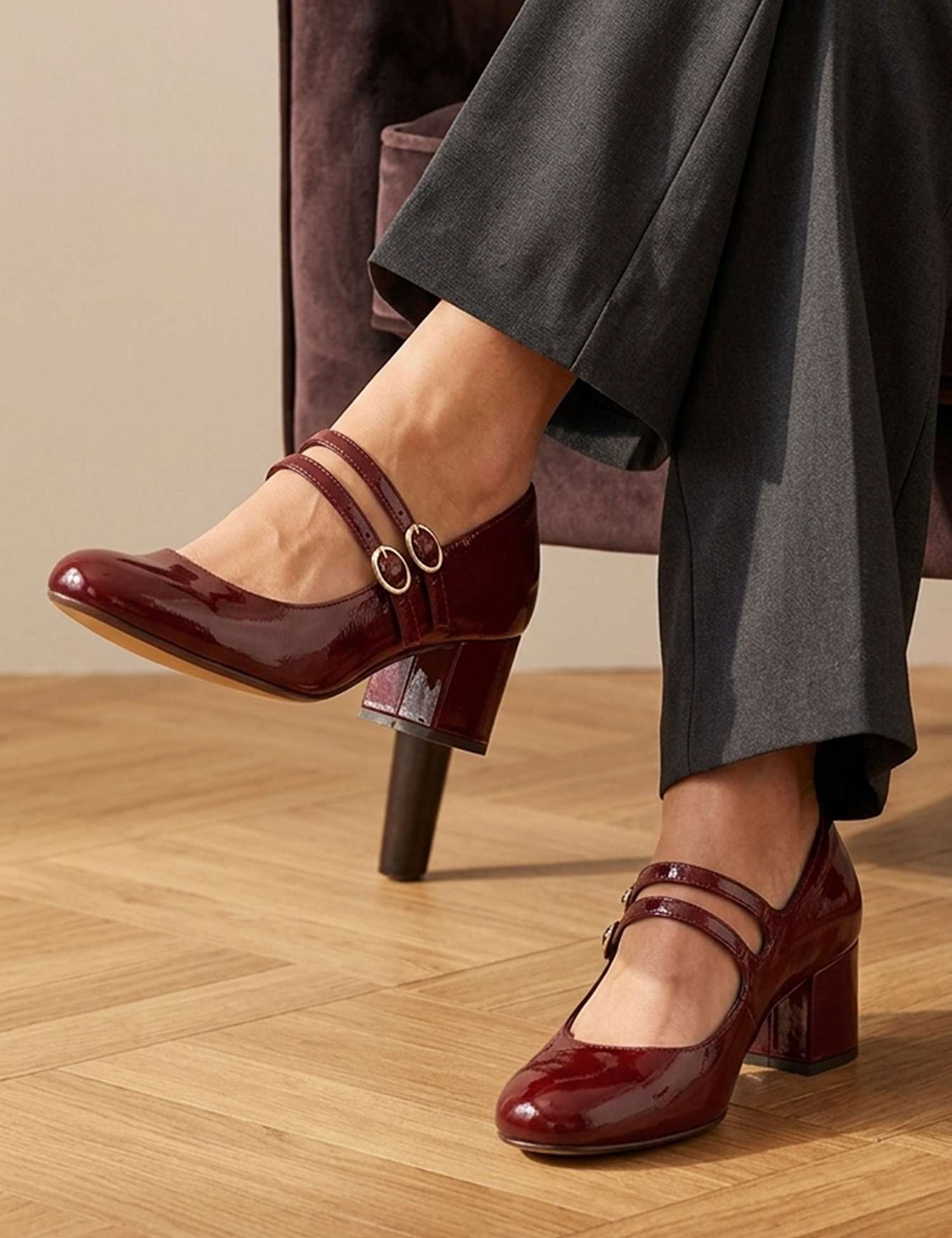 Jones Bootmaker Leather Patent Block Heel Mary Jane Shoes Burgundy